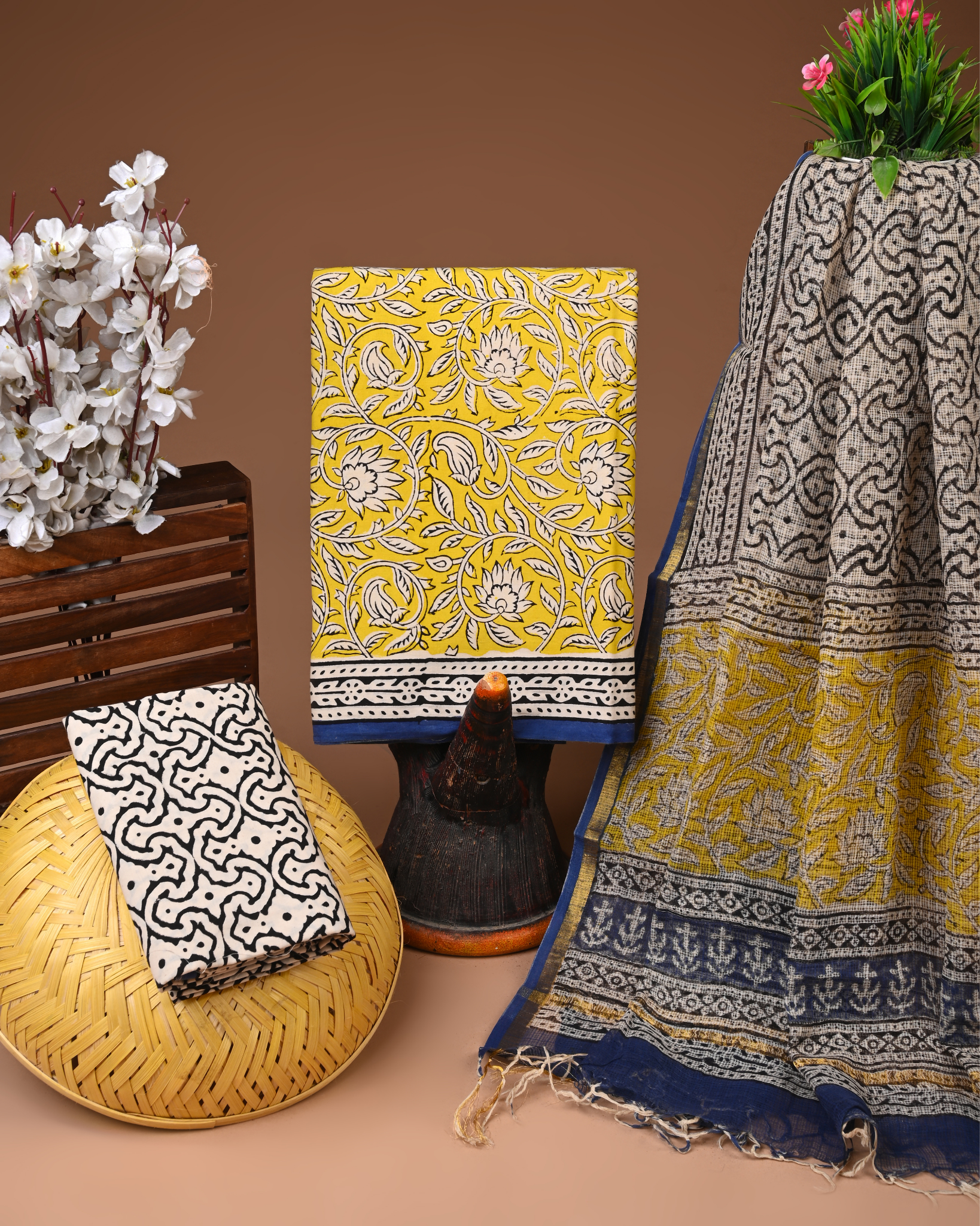 YELLOW- BAGRU HAND BLOCK PRINTED COTTON SUIT SET WITH KOTA DUPATTA 15