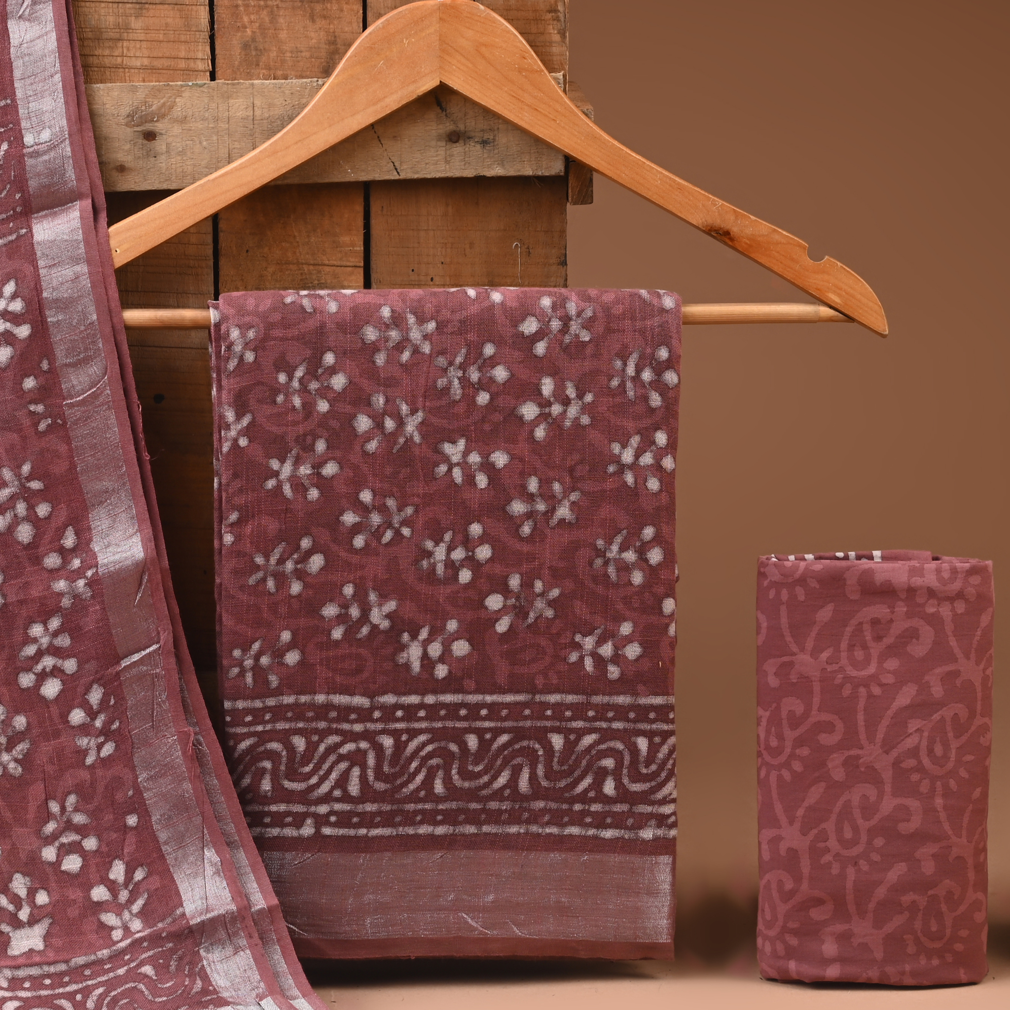 ROSEGOLD- BAGRU HAND BLOCK PRINTED LINEN COTTON SUIT SET WITH ZARI BORDER 34