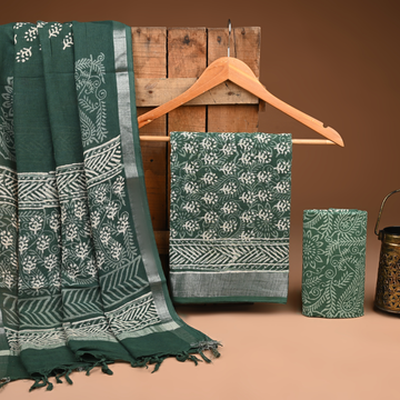 PISTA GREEN- BAGRU HAND BLOCK PRINTED LINEN COTTON SUIT SET WITH ZARI BORDER 37