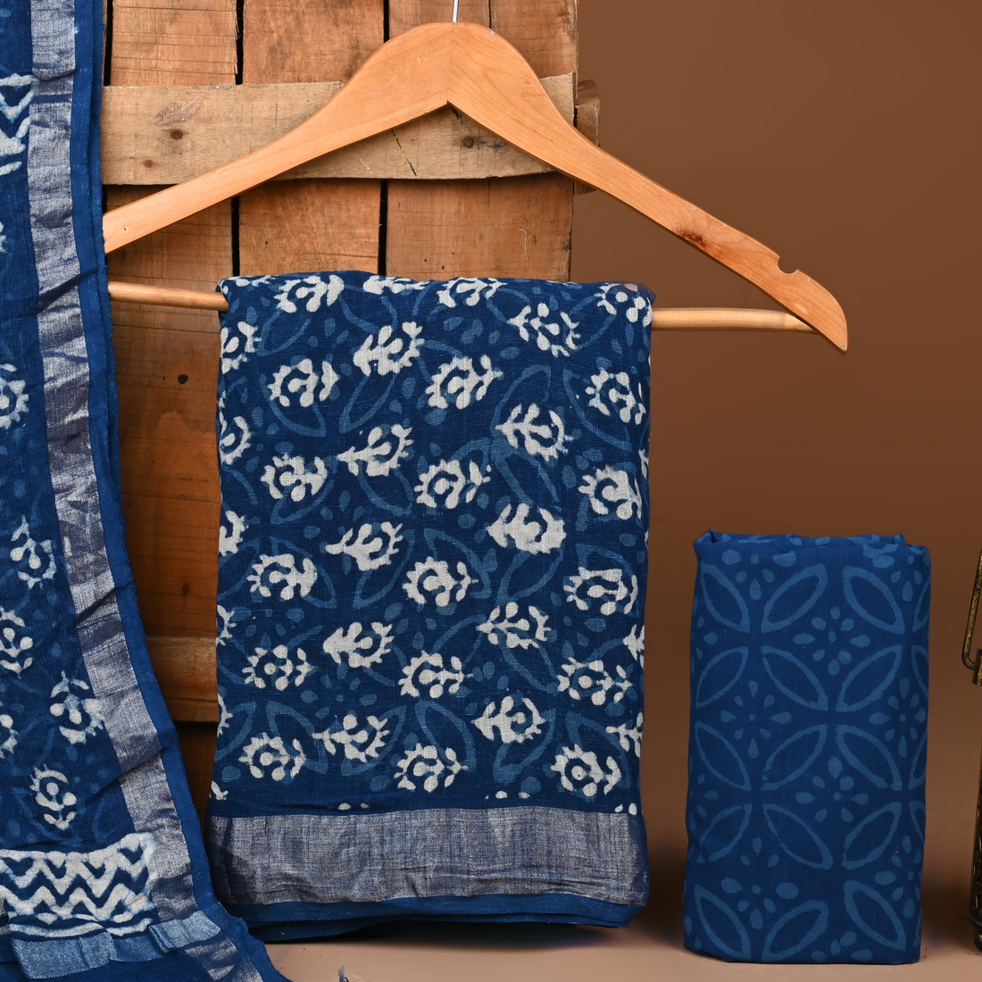 BLUE- BAGRU HAND BLOCK PRINTED LINEN COTTON SUIT SET WITH ZARI BORDER 24