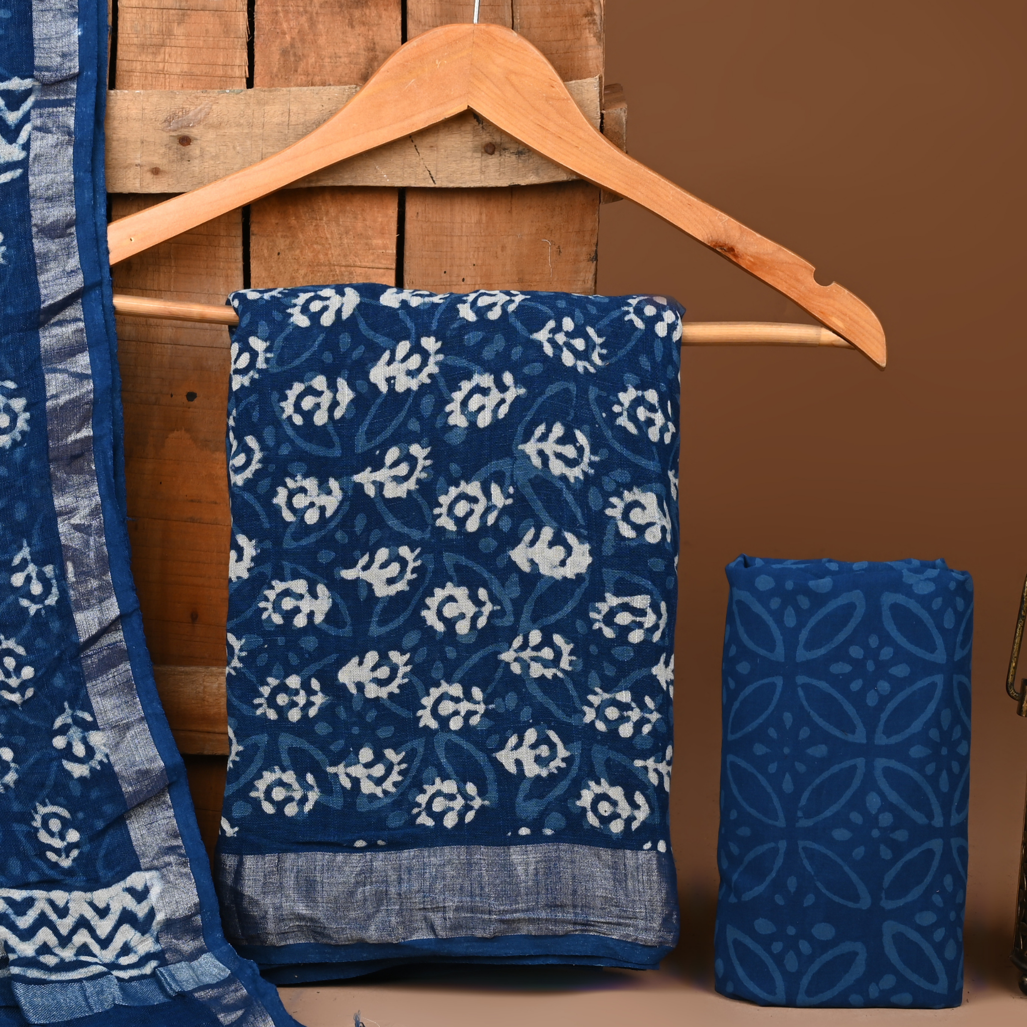 BLUE- BAGRU HAND BLOCK PRINTED LINEN COTTON SUIT SET WITH ZARI BORDER 24