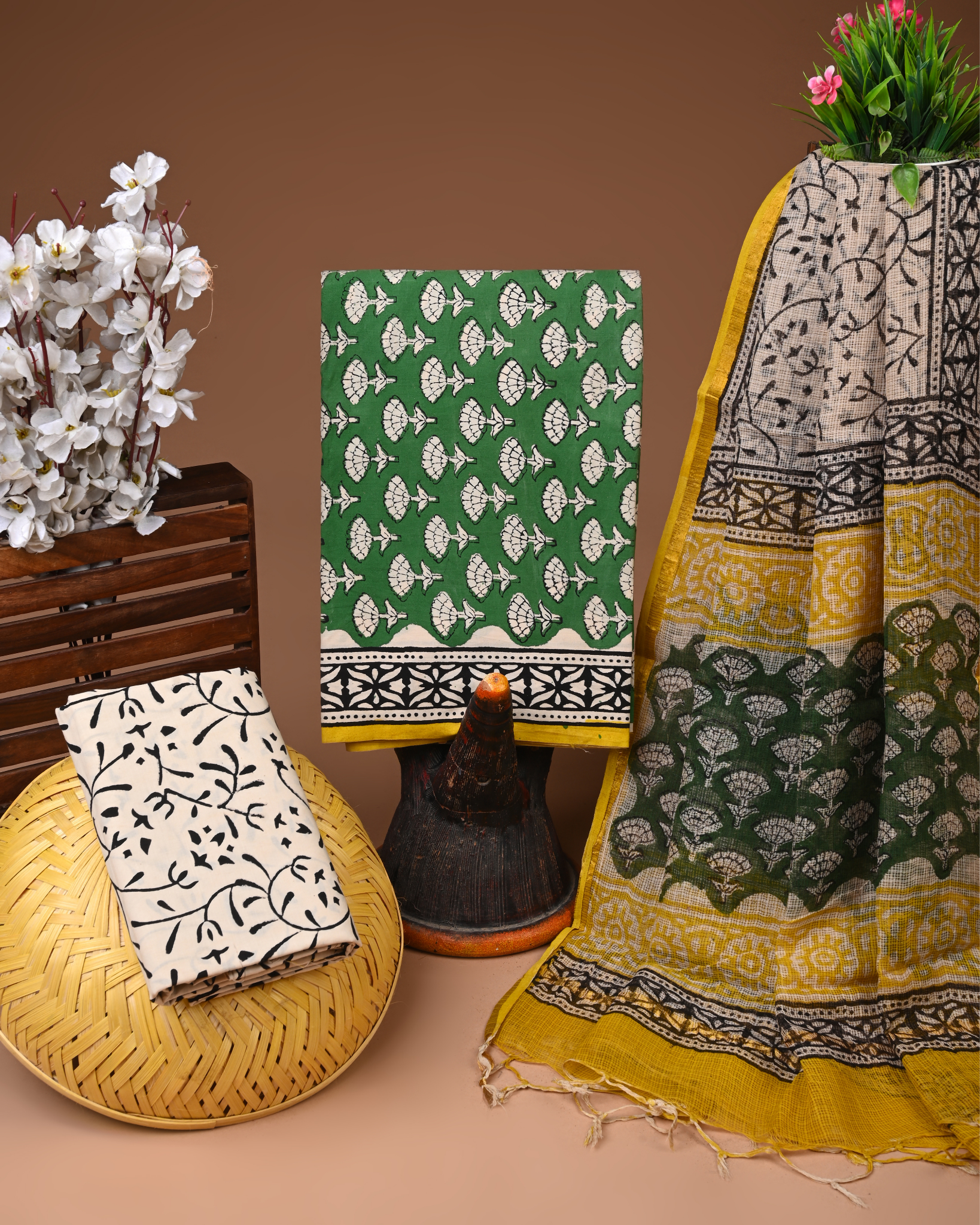 GREEN- BAGRU HAND BLOCK PRINTED COTTON SUIT SET WITH KOTA DUPATTA 23