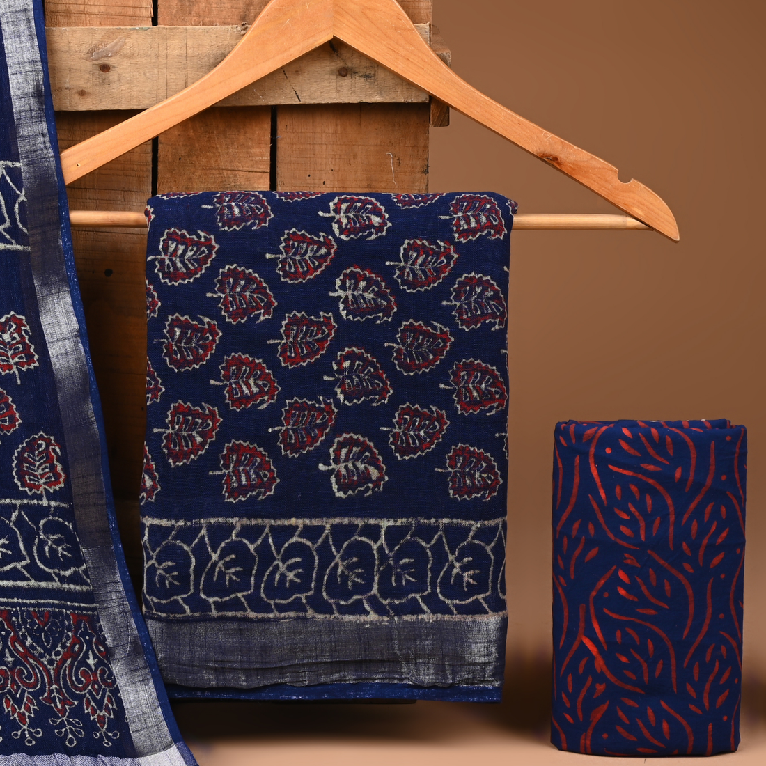 BLUE - BAGRU HAND BLOCK PRINTED LINEN COTTON SUIT SET WITH ZARI BORDER 05