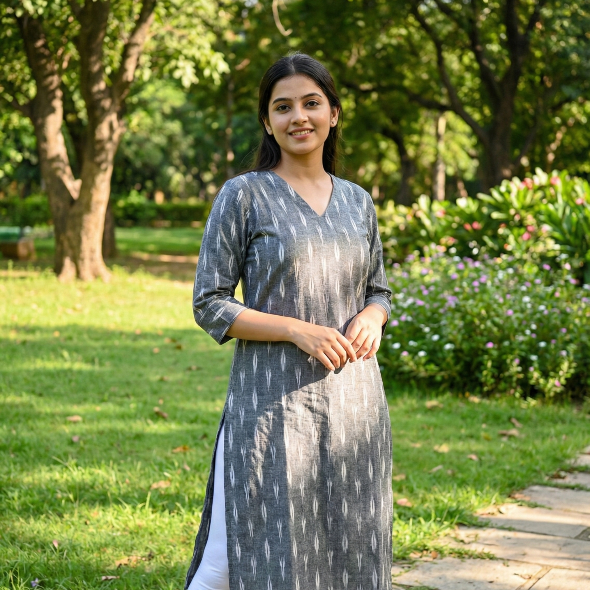 GRAY - IKAT WEAVE COTTON LONG KURTA 21