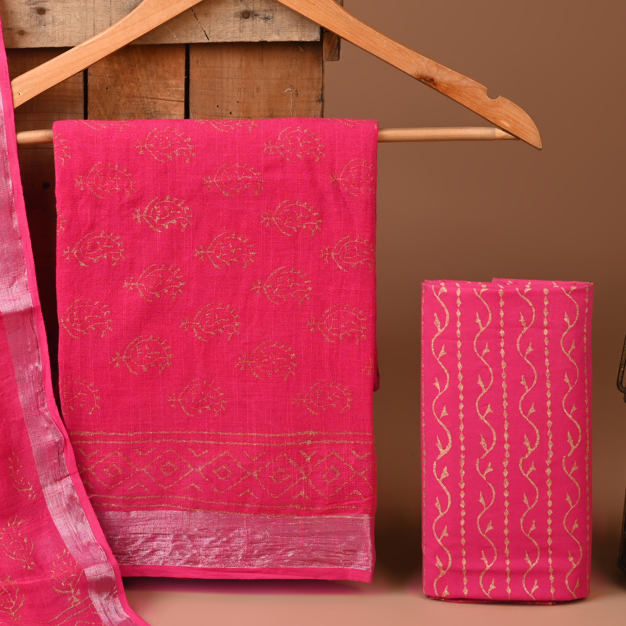 PINK- BAGRU HAND BLOCK PRINTED LINEN COTTON SUIT SET WITH ZARI BORDER 21