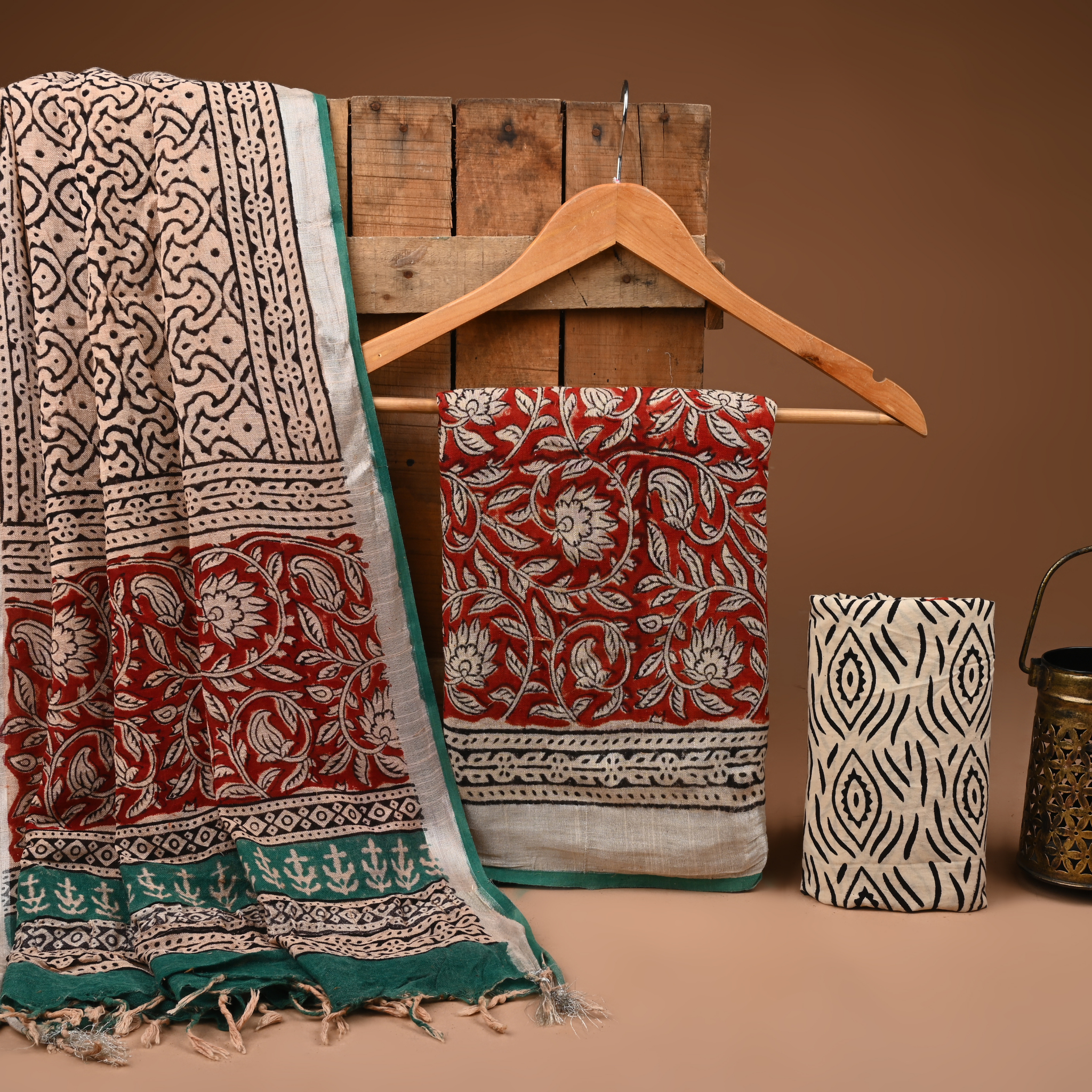 MAROON- BAGRU HAND BLOCK PRINTED LINEN COTTON SUIT SET WITH ZARI BORDER 40