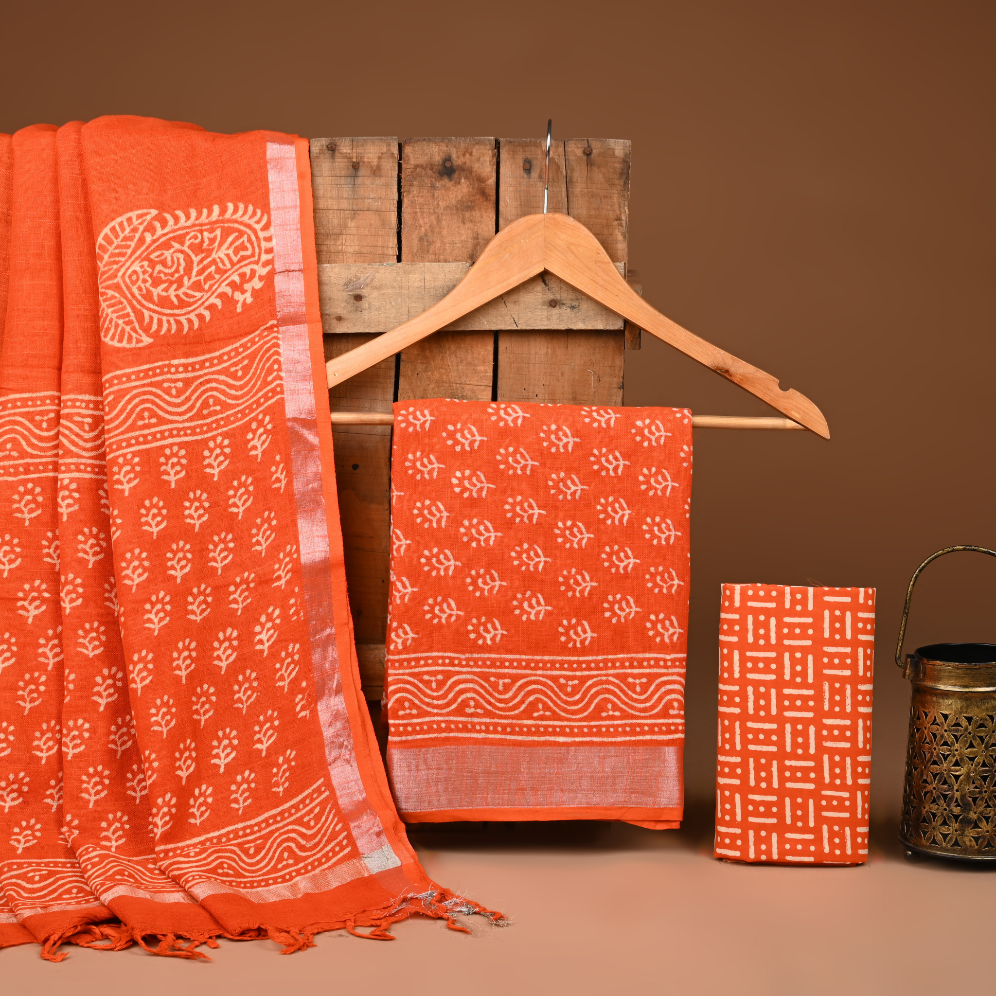 ORANGE- BAGRU HAND BLOCK PRINTED LINEN COTTON SUIT SET WITH ZARI BORDER 36