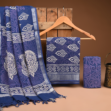 BLUE- BAGRU HAND BLOCK PRINTED LINEN COTTON SUIT SET WITH ZARI BORDER 29