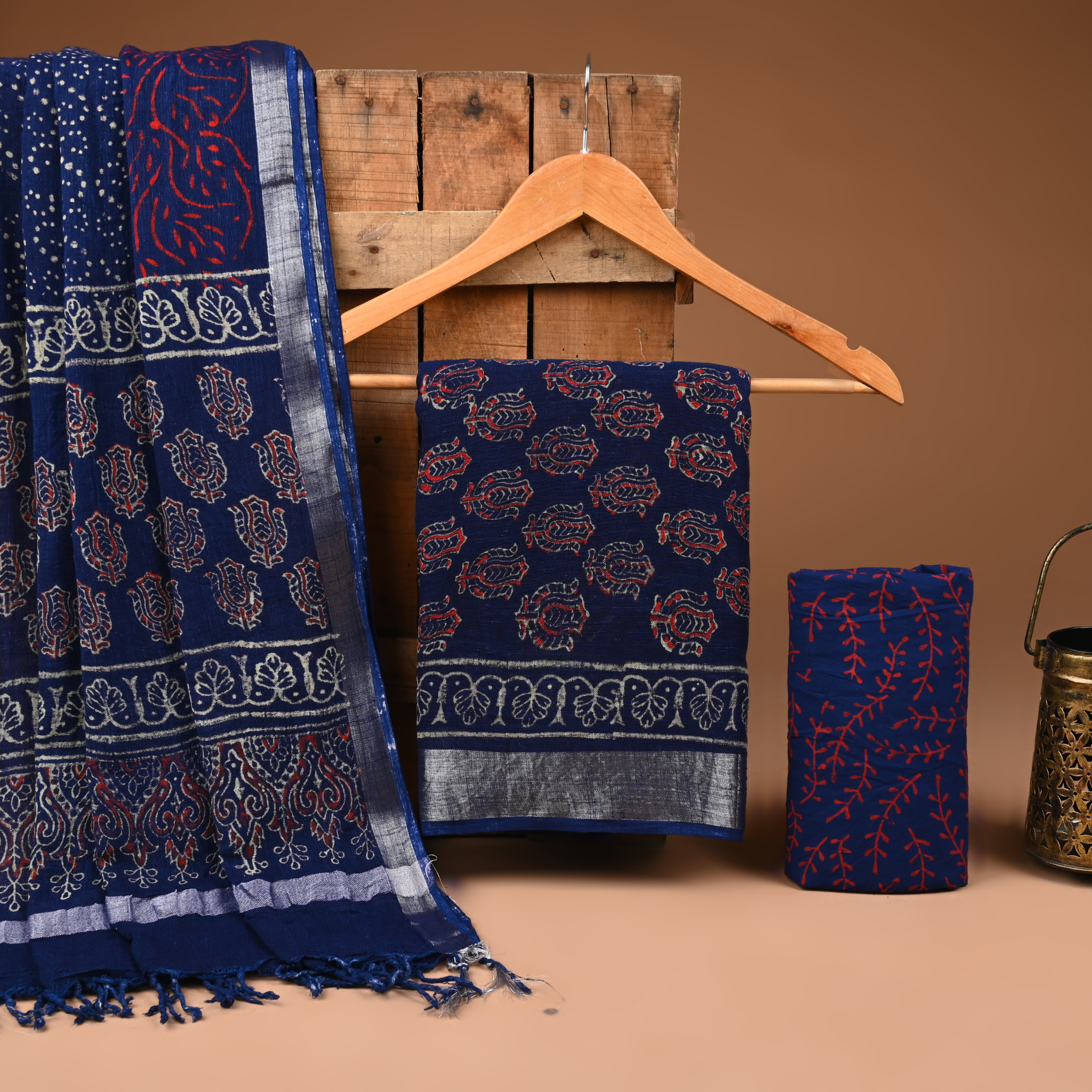 BLUE - BAGRU HAND BLOCK PRINTED LINEN COTTON SUIT SET WITH ZARI BORDER 06