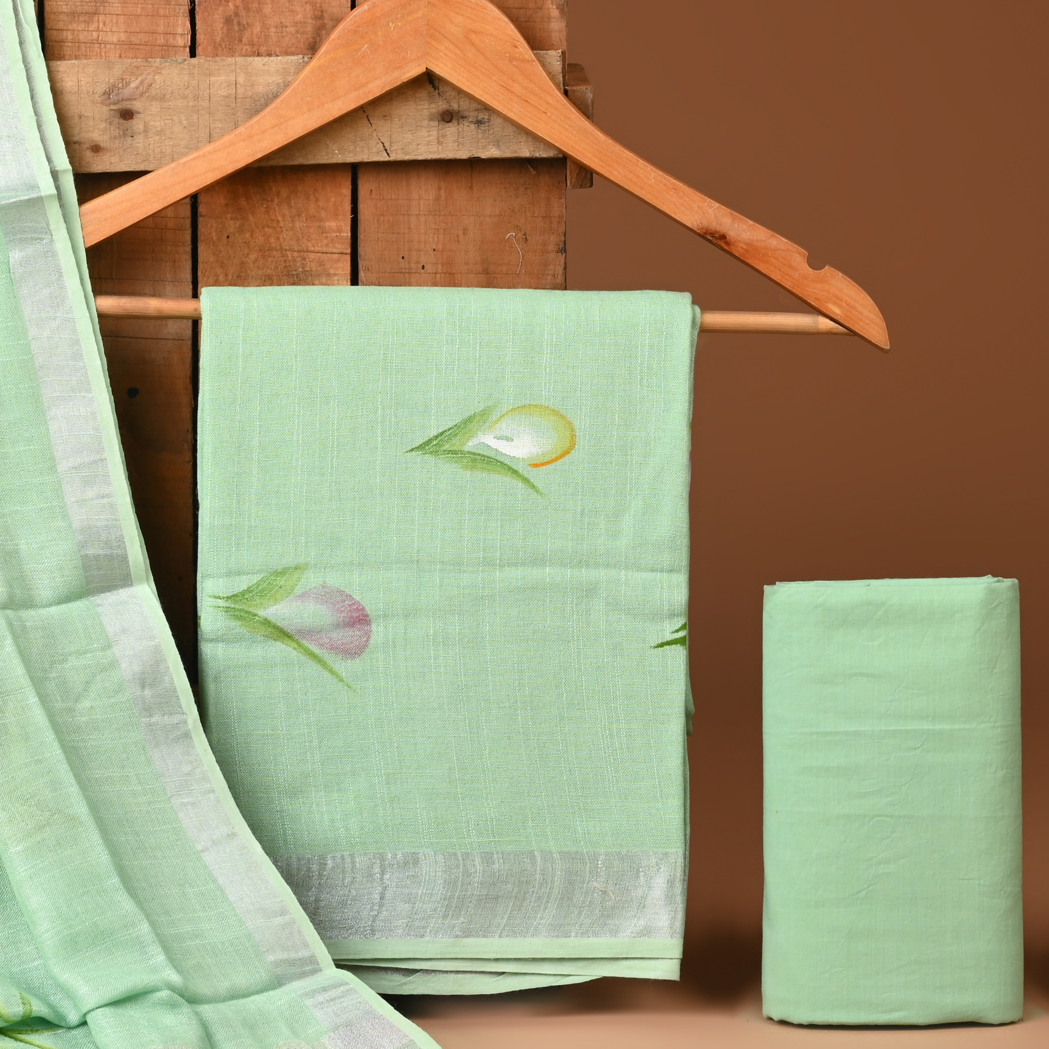Pista Green- BAGRU HAND BLOCK PRINTED LINEN COTTON SUIT SET WITH ZARI BORDER 27