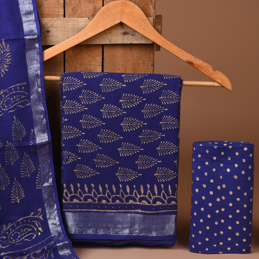 BLUE - BAGRU HAND BLOCK PRINTED LINEN COTTON SUIT SET WITH ZARI BORDER 23