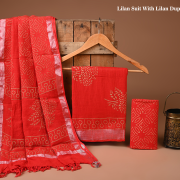 RED- BAGRU HAND BLOCK PRINTED LINEN COTTON SUIT SET WITH ZARI BORDER 30