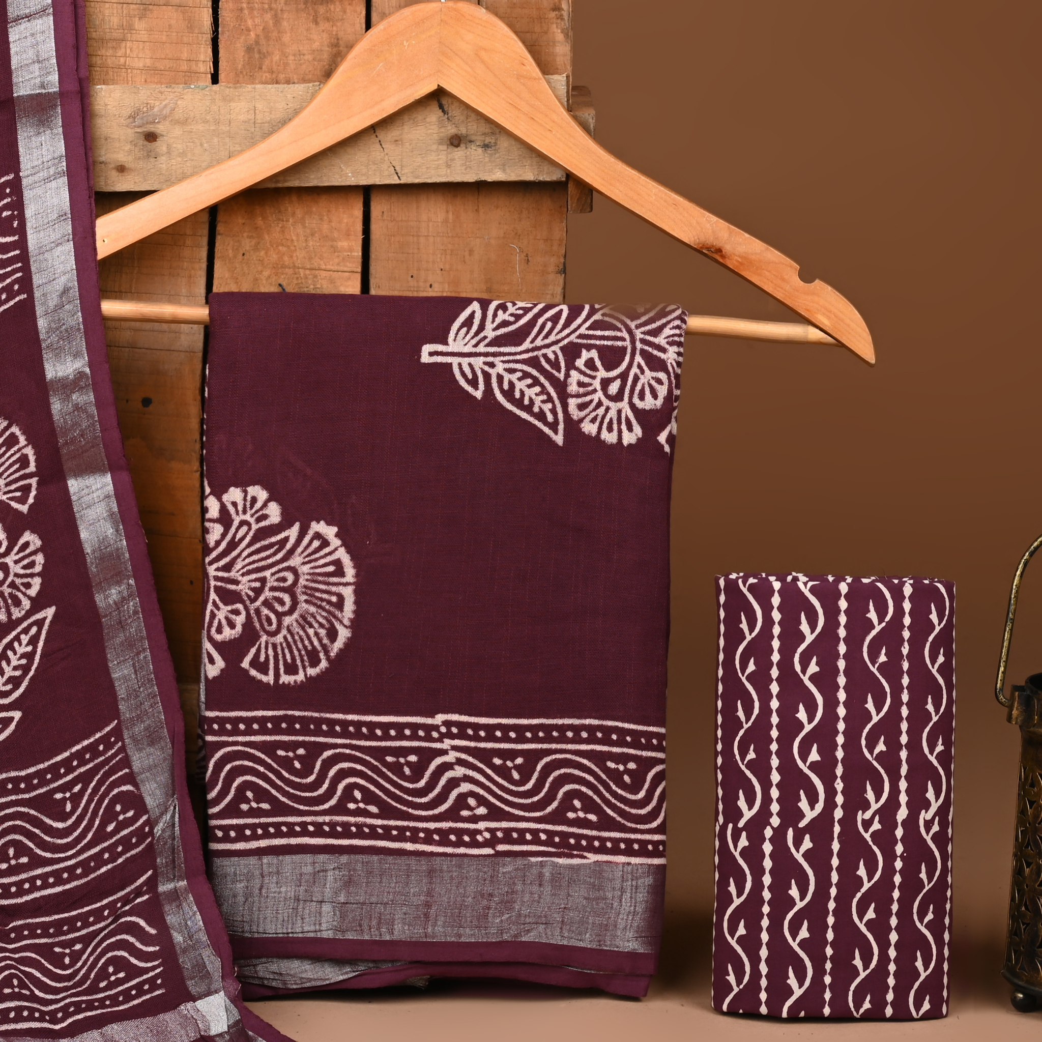 BROWN- BAGRU HAND BLOCK PRINTED LINEN COTTON SUIT SET WITH ZARI BORDER 13
