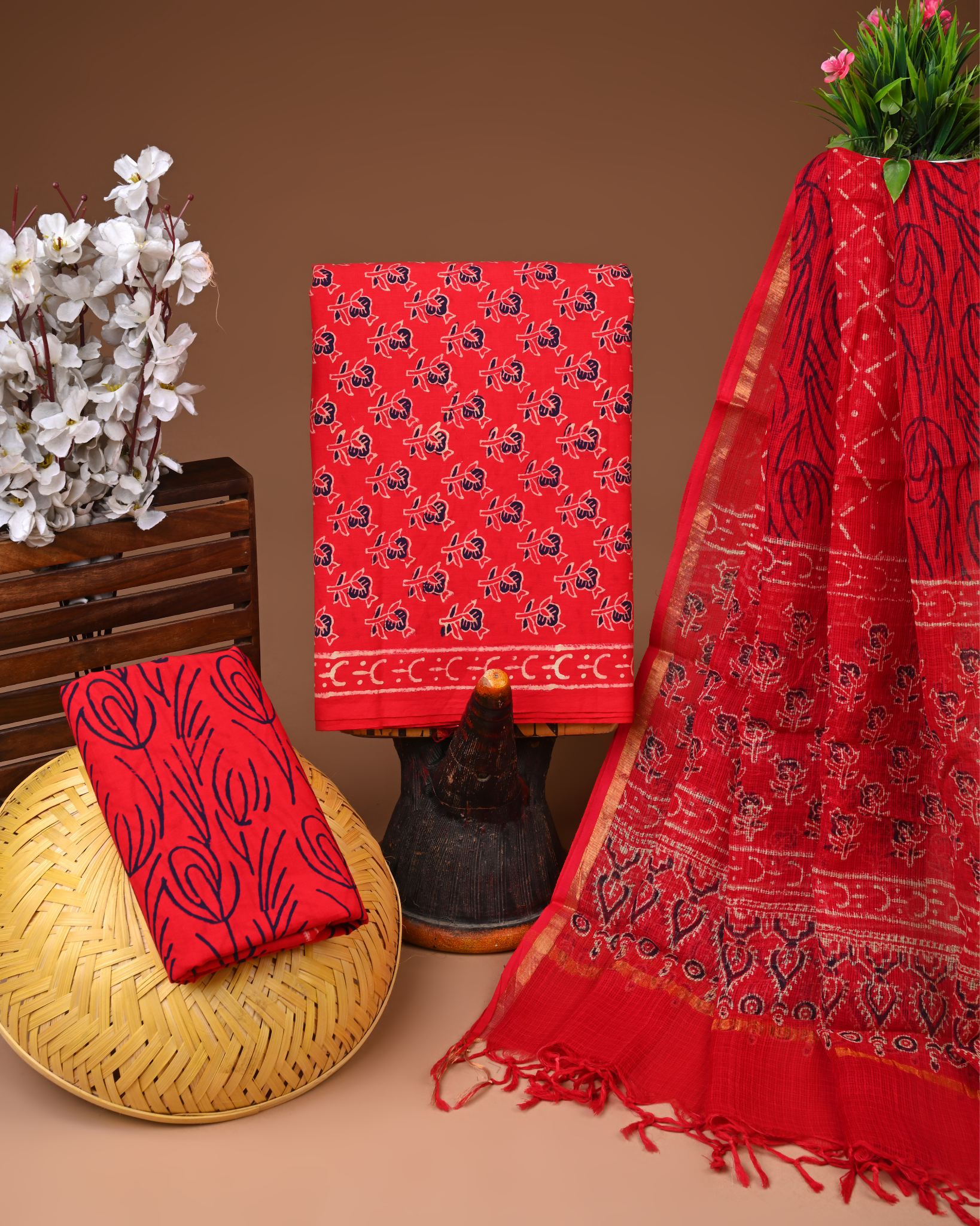 RED- BAGRU HAND BLOCK PRINTED COTTON SUIT SET WITH KOTA DUPATTA 10