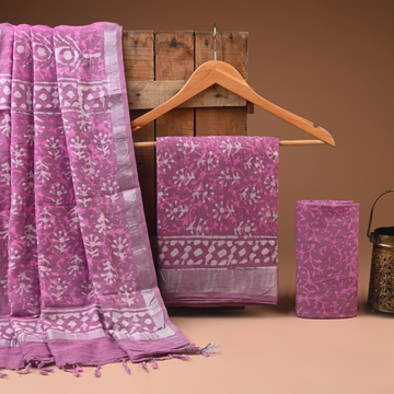 PINK - BAGRU HAND BLOCK PRINTED LINEN COTTON SUIT SET WITH ZARI BORDER 20