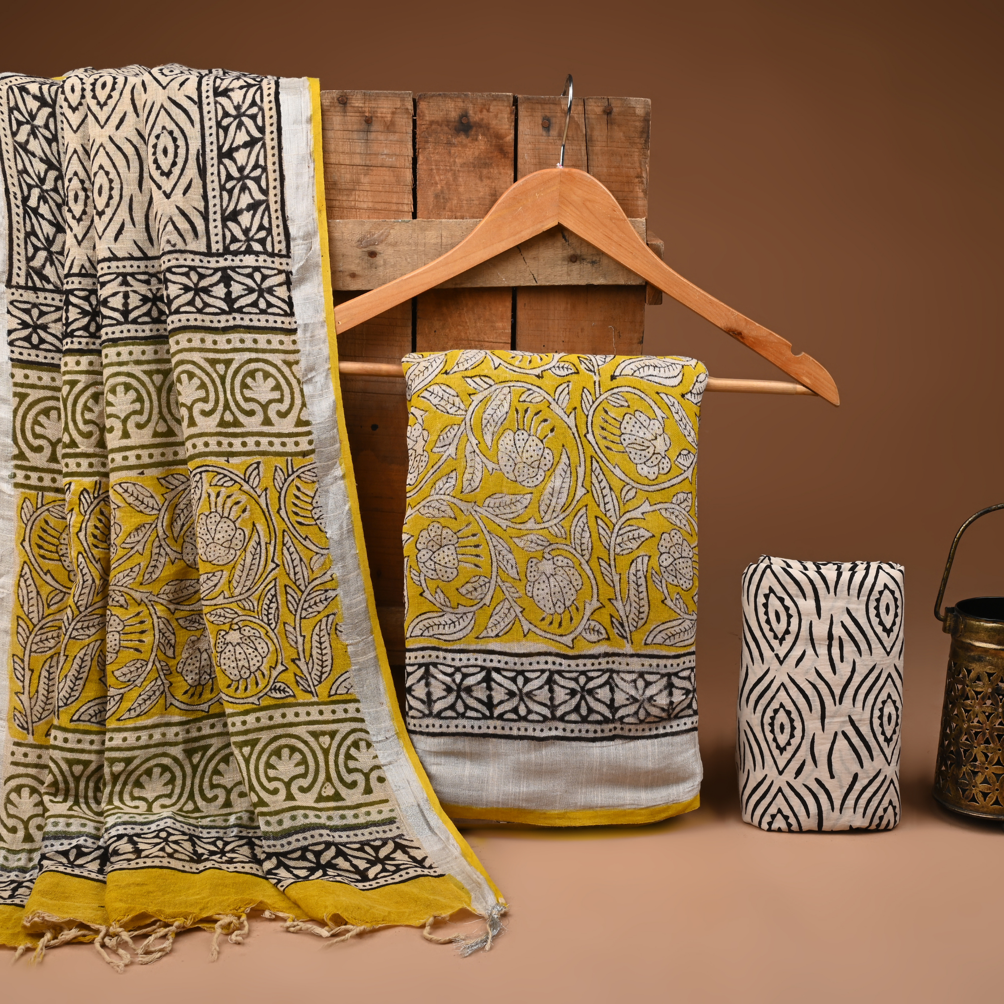 YELLOW- BAGRU HAND BLOCK PRINTED LINEN COTTON SUIT SET WITH ZARI BORDER 12