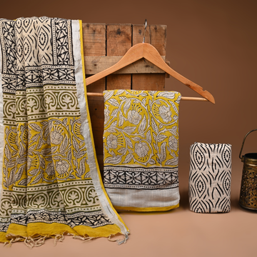 YELLOW- BAGRU HAND BLOCK PRINTED LINEN COTTON SUIT SET WITH ZARI BORDER 12