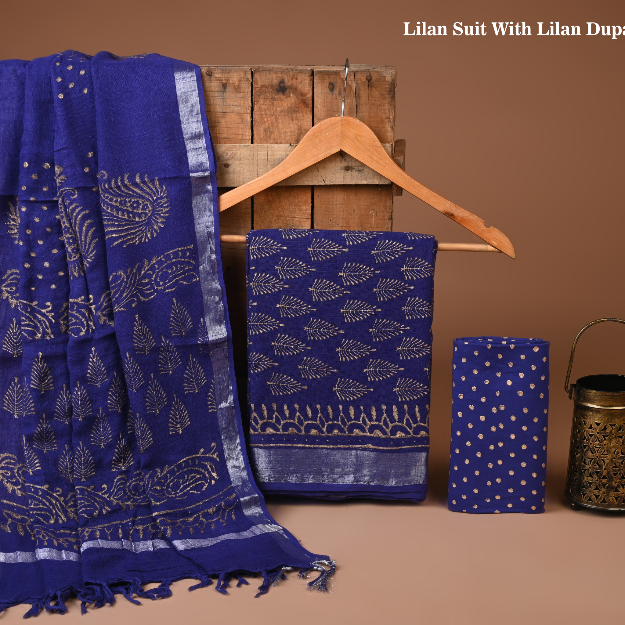 BLUE - BAGRU HAND BLOCK PRINTED LINEN COTTON SUIT SET WITH ZARI BORDER 23