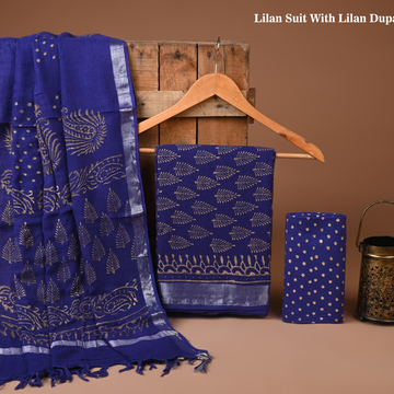 BLUE - BAGRU HAND BLOCK PRINTED LINEN COTTON SUIT SET WITH ZARI BORDER 23