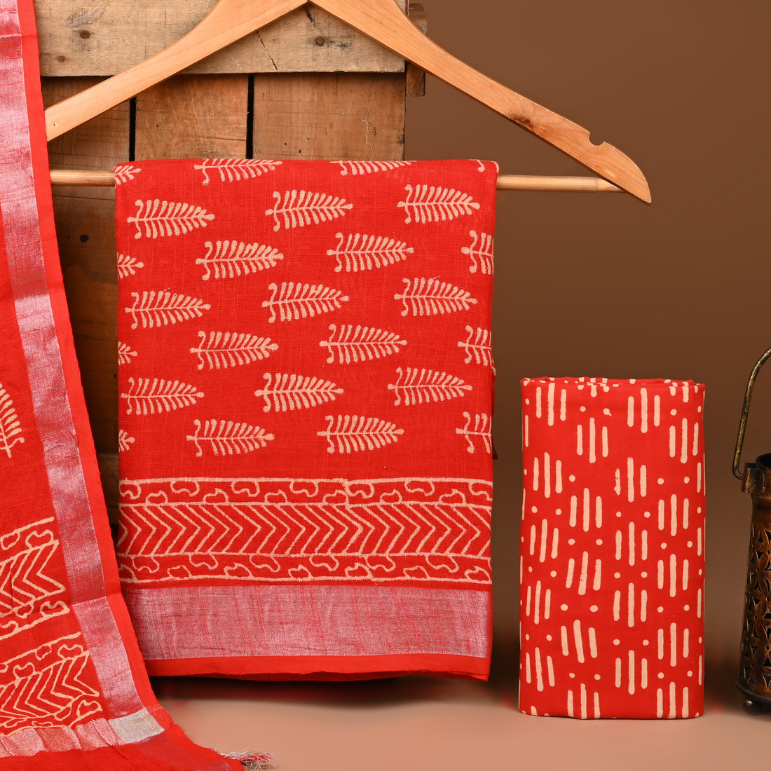 ORANGE- BAGRU HAND BLOCK PRINTED LINEN COTTON SUIT SET WITH ZARI BORDER 10