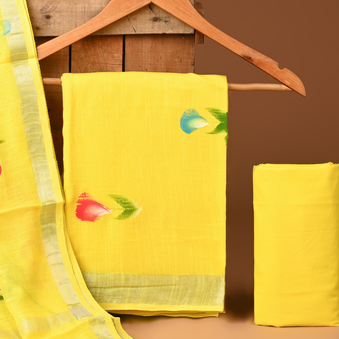 LEMON- BAGRU HAND BLOCK PRINTED LINEN COTTON SUIT SET WITH ZARI BORDER 03
