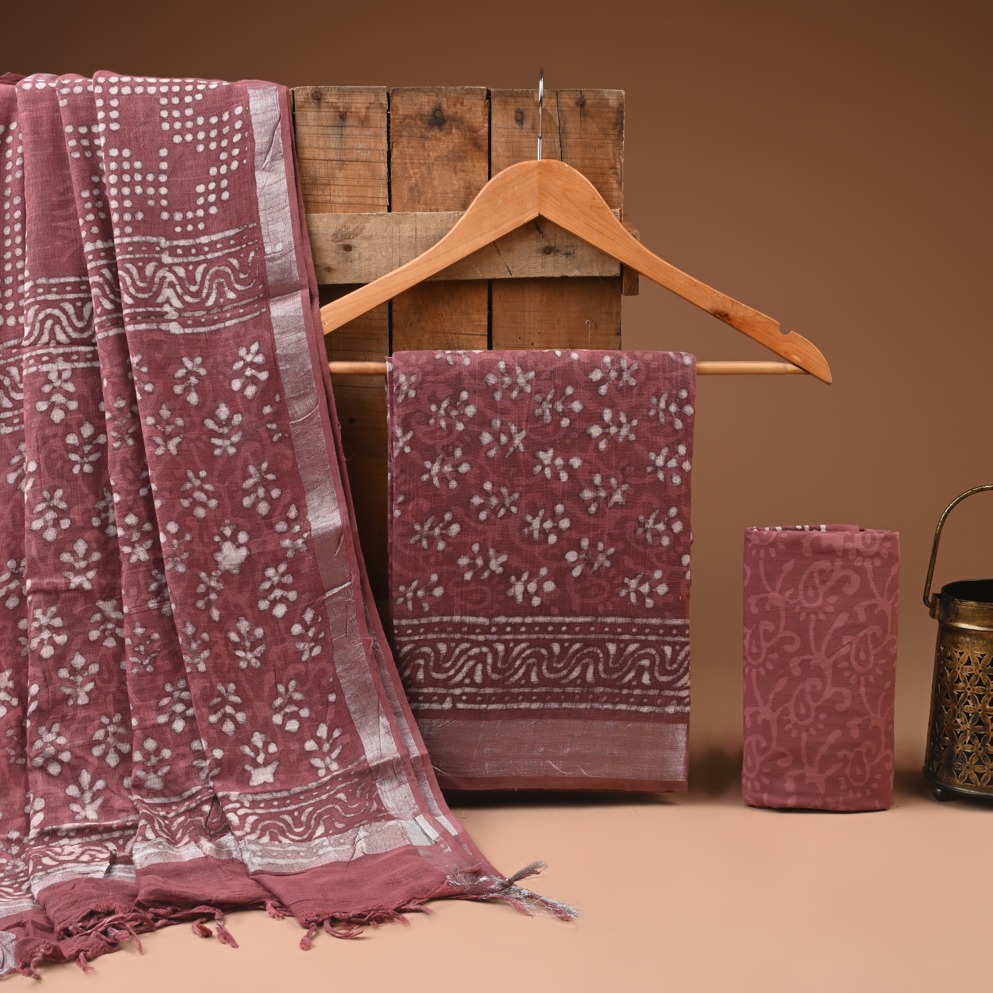 ROSEGOLD- BAGRU HAND BLOCK PRINTED LINEN COTTON SUIT SET WITH ZARI BORDER 34