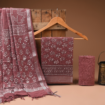 ROSEGOLD- BAGRU HAND BLOCK PRINTED LINEN COTTON SUIT SET WITH ZARI BORDER 34