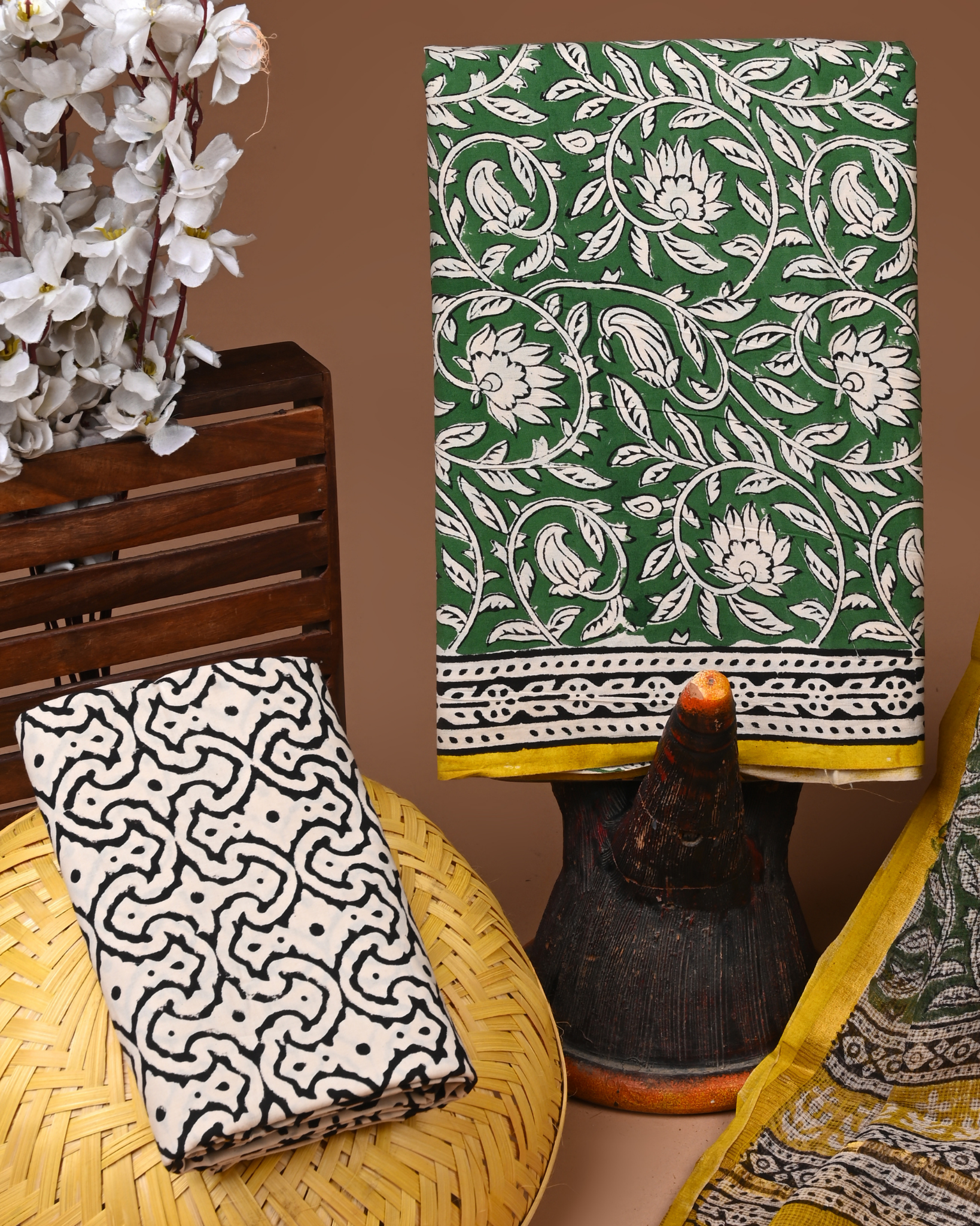 GREEN- BAGRU HAND BLOCK PRINTED COTTON SUIT SET WITH KOTA DUPATTA 20