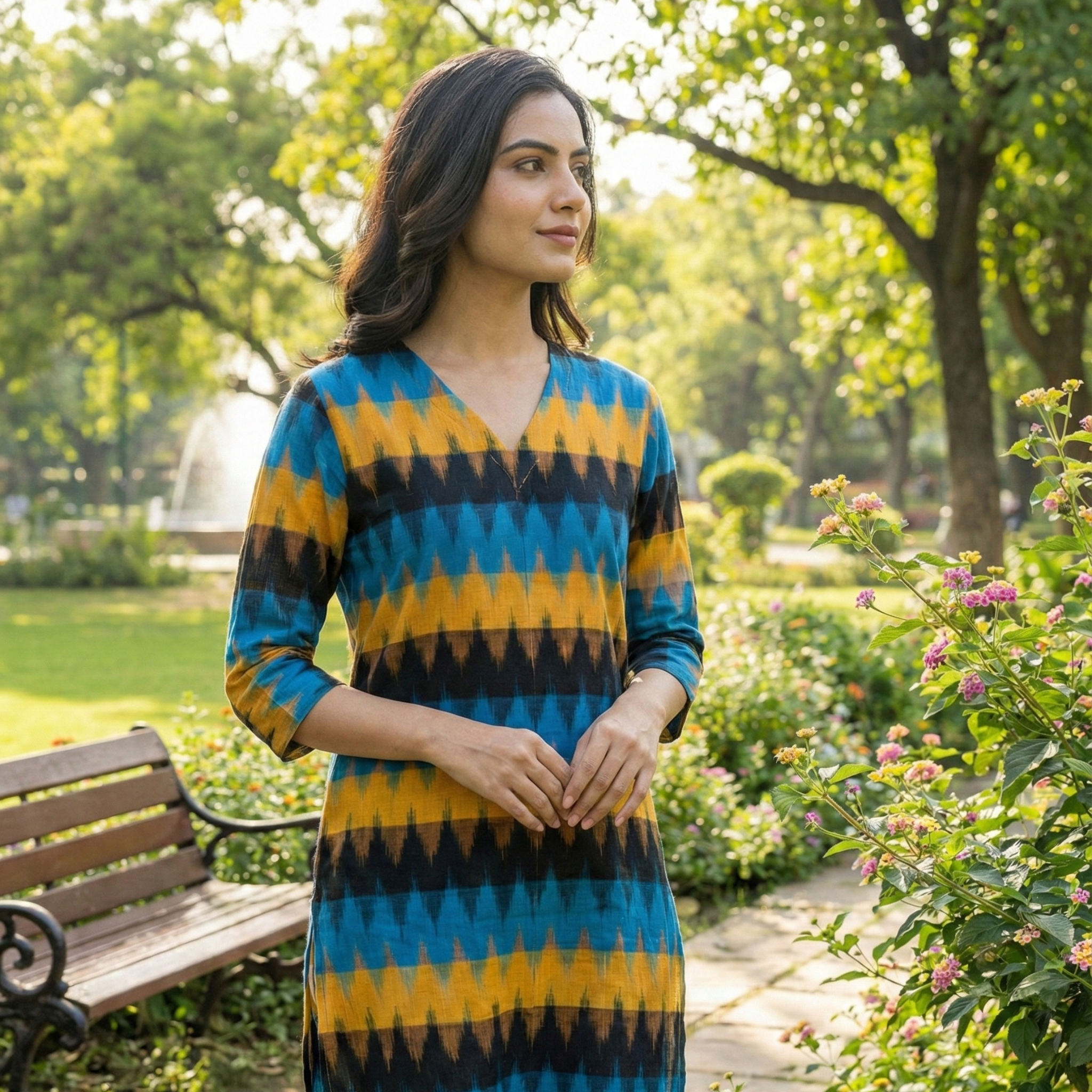 Yellow - IKAT WEAVE COTTON LONG KURTA 18