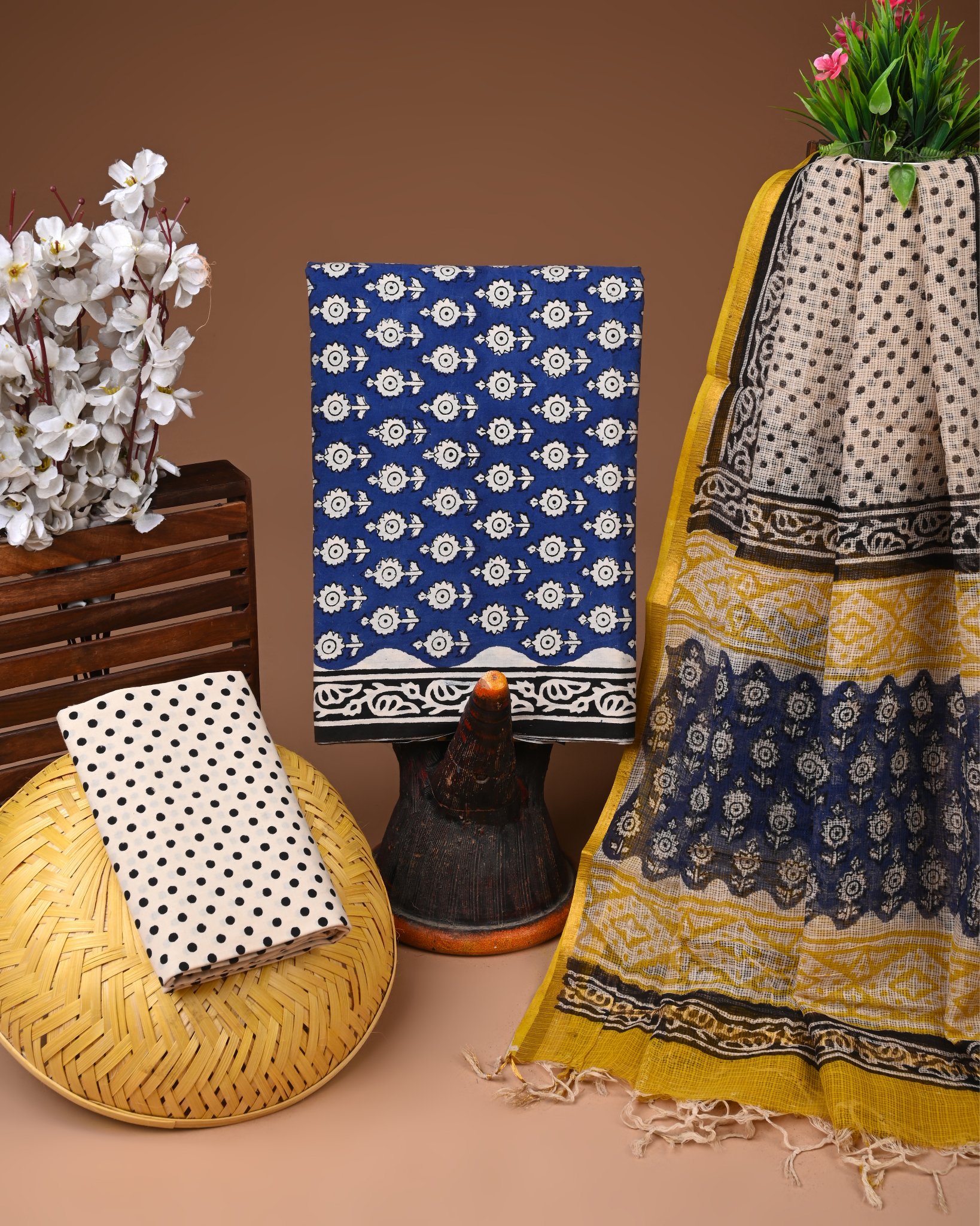 BLUE- BAGRU HAND BLOCK PRINTED COTTON SUIT SET WITH KOTA DUPATTA 24