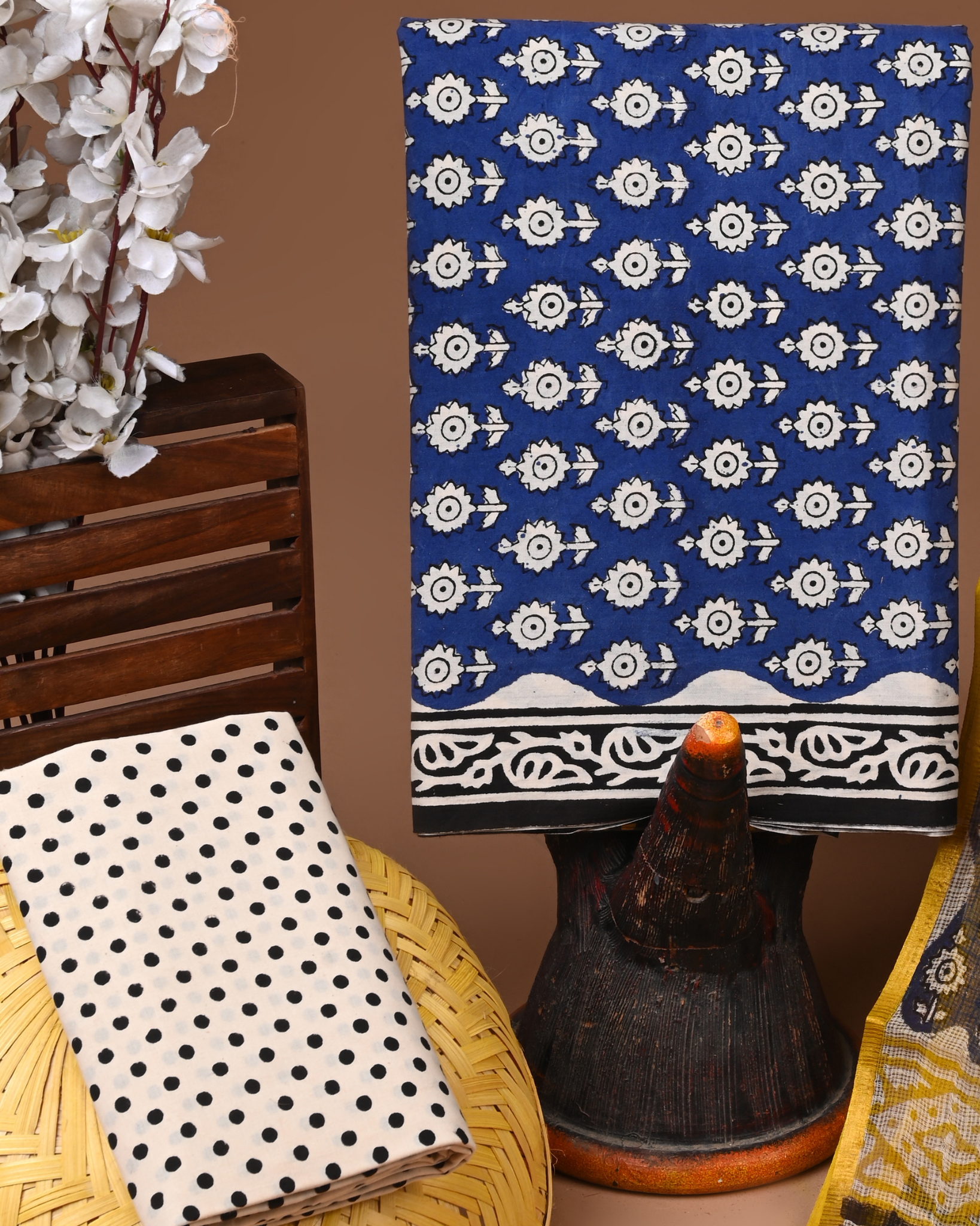 BLUE- BAGRU HAND BLOCK PRINTED COTTON SUIT SET WITH KOTA DUPATTA 24