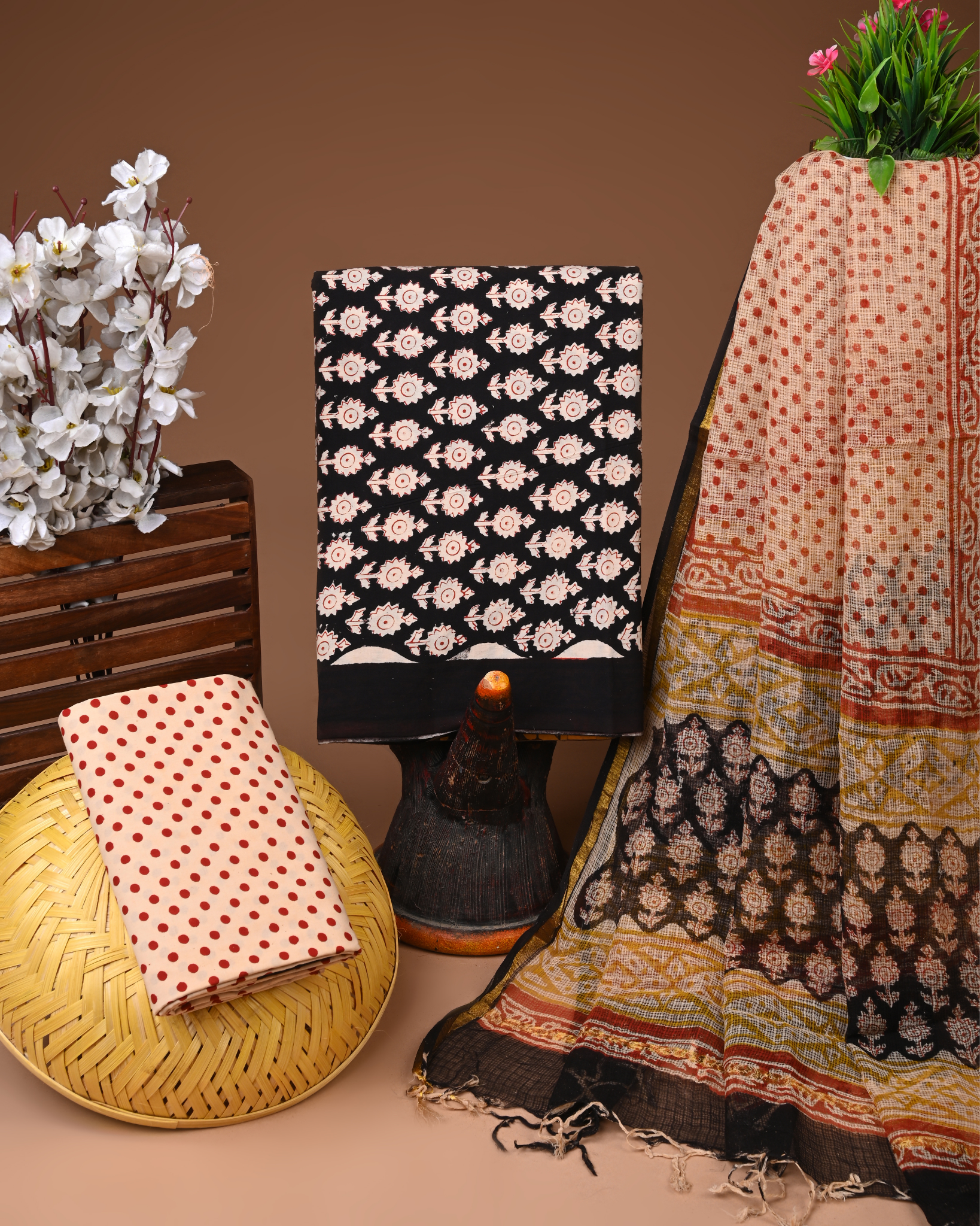 BLACK- BAGRU HAND BLOCK PRINTED COTTON SUIT SET WITH KOTA DUPATTA 27