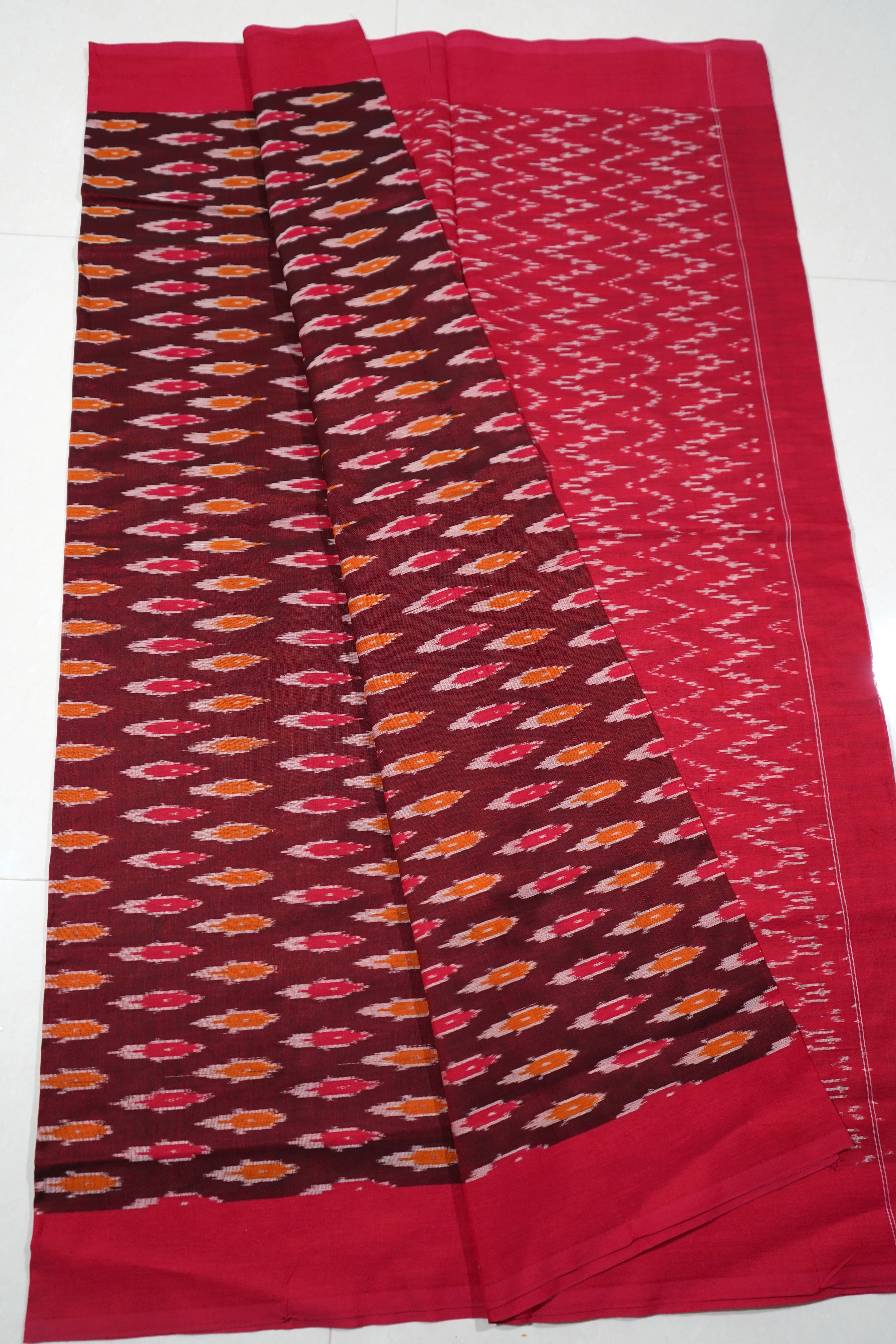 Red - MERCERISED COTTON HANDLOOM POCHAMPALLY IKAT SAREE 04