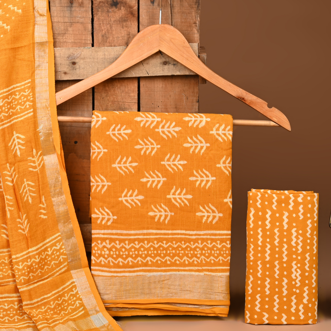 YELLOW- BAGRU HAND BLOCK PRINTED LINEN COTTON SUIT SET WITH ZARI BORDER 50