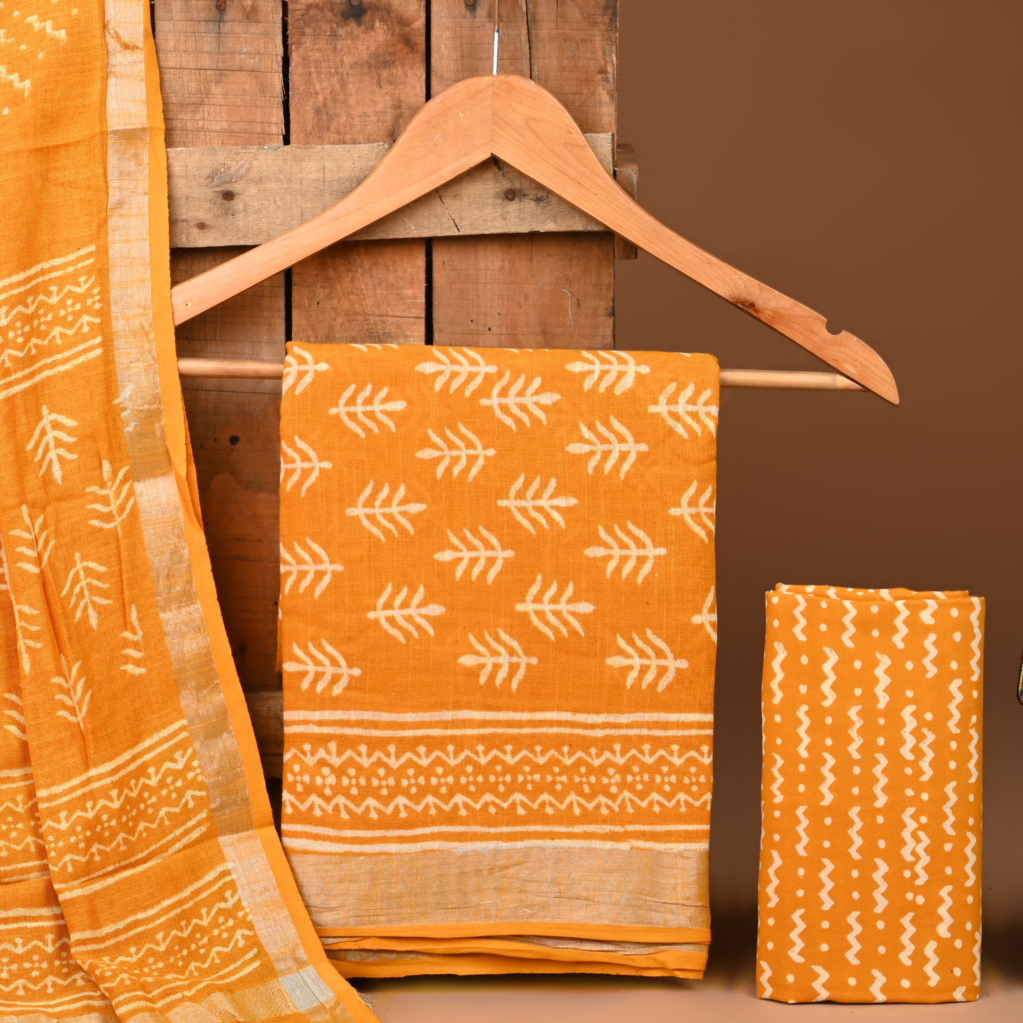 YELLOW- BAGRU HAND BLOCK PRINTED LINEN COTTON SUIT SET WITH ZARI BORDER 50