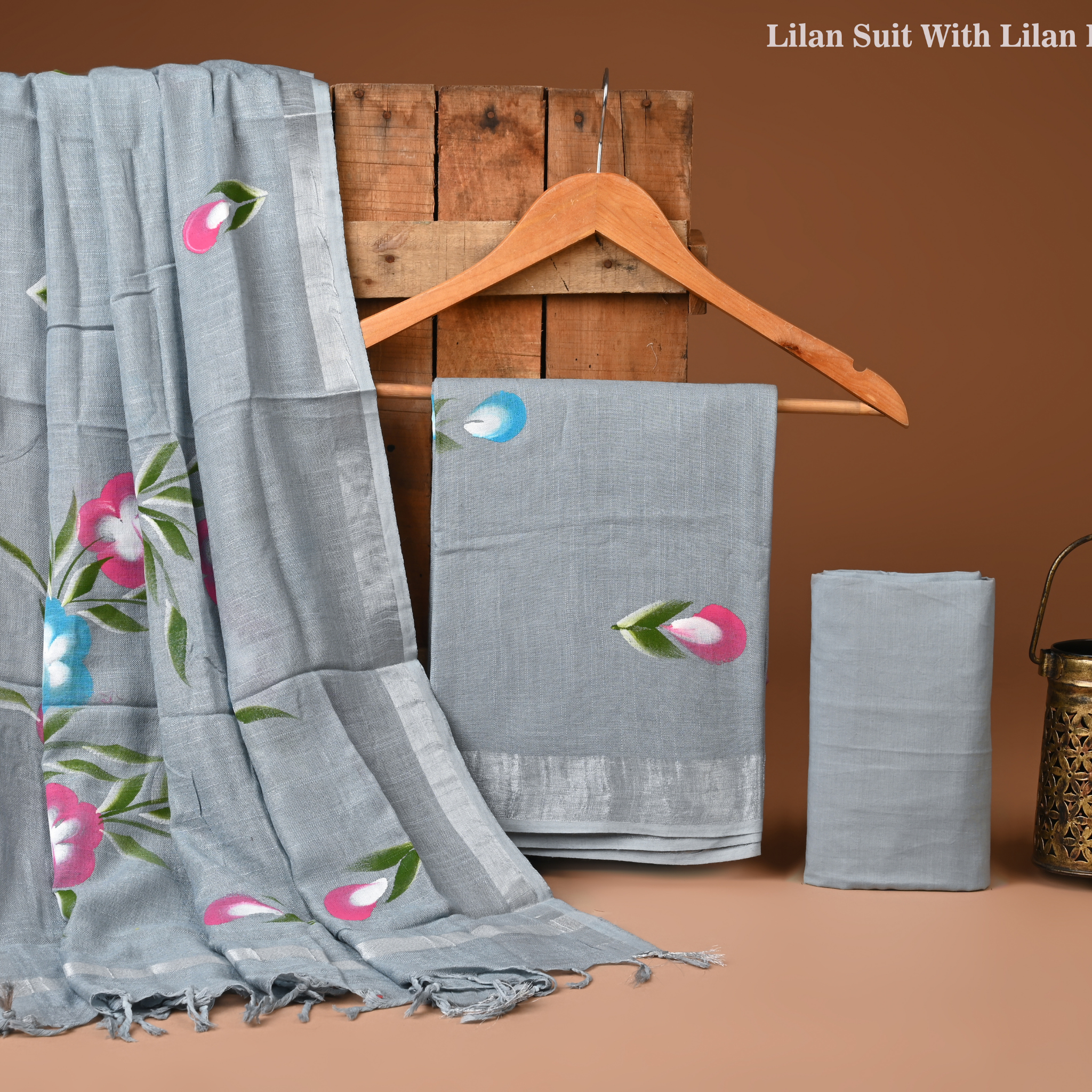 GRAY - BAGRU HAND BLOCK PRINTED LINEN COTTON SUIT SET WITH ZARI BORDER 54