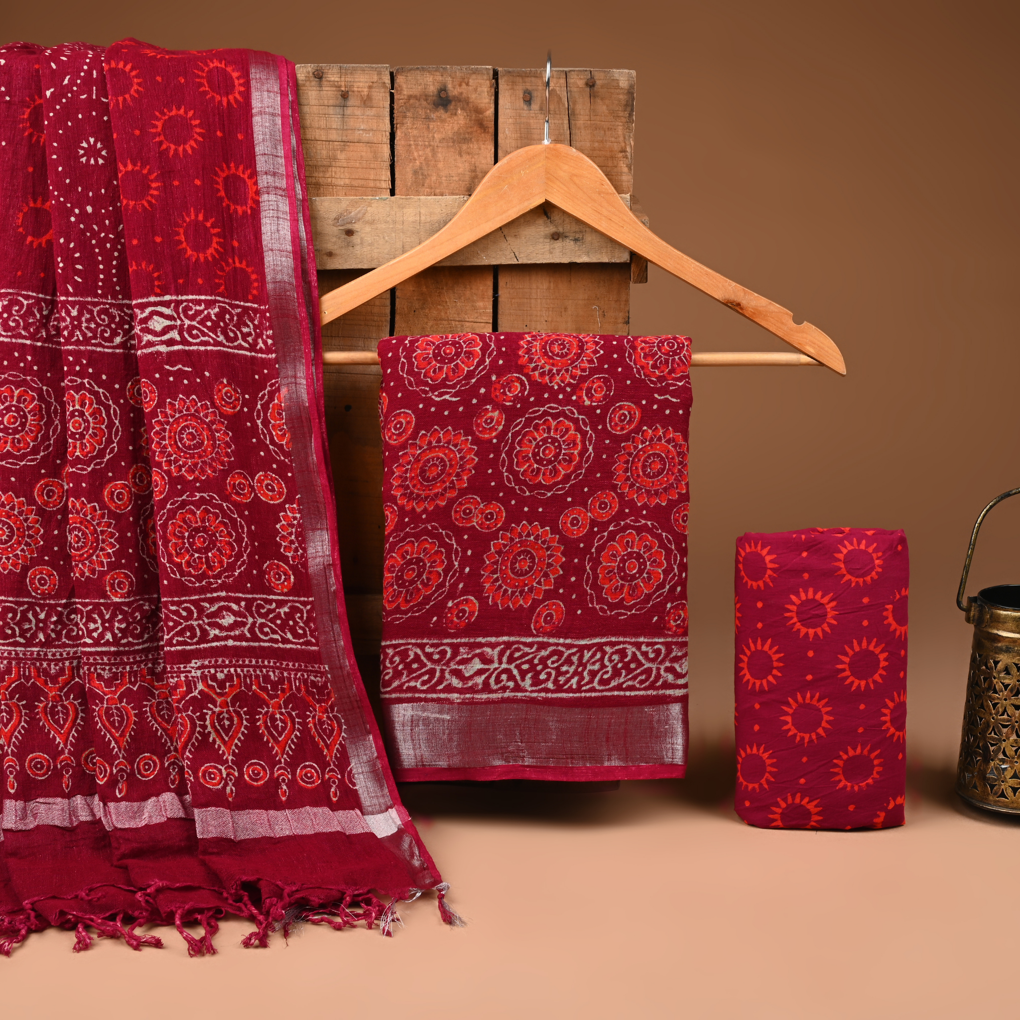 RED- BAGRU HAND BLOCK PRINTED LINEN COTTON SUIT SET WITH ZARI BORDER 39