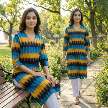 Yellow - IKAT WEAVE COTTON LONG KURTA 18