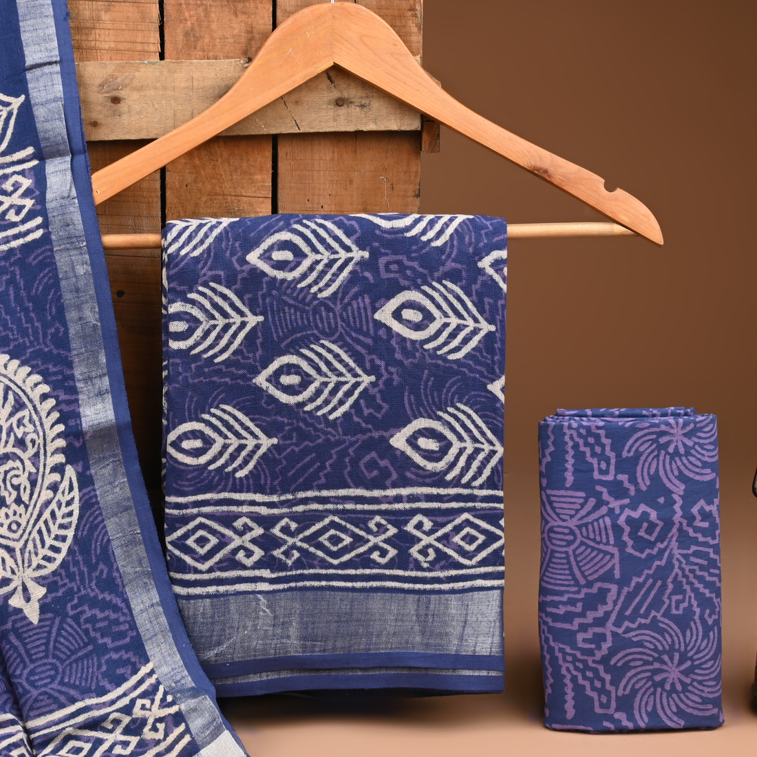BLUE- BAGRU HAND BLOCK PRINTED LINEN COTTON SUIT SET WITH ZARI BORDER 29