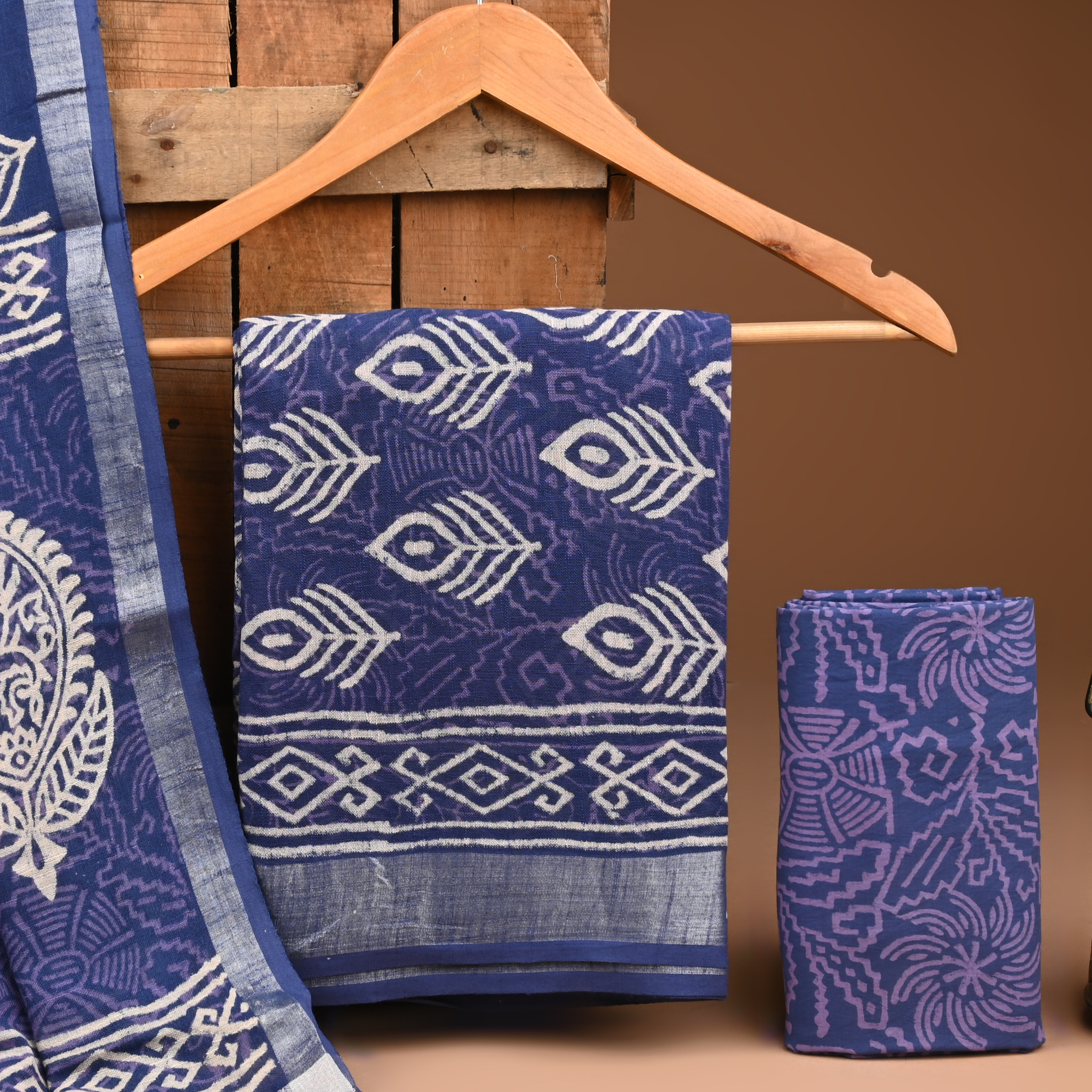 BLUE- BAGRU HAND BLOCK PRINTED LINEN COTTON SUIT SET WITH ZARI BORDER 29