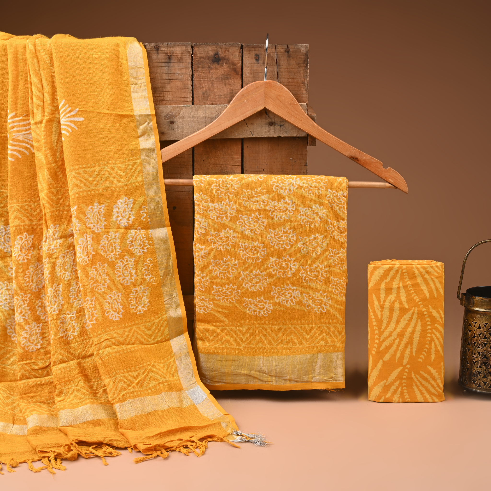 YELLOW- BAGRU HAND BLOCK PRINTED LINEN COTTON SUIT SET WITH ZARI BORDER 53