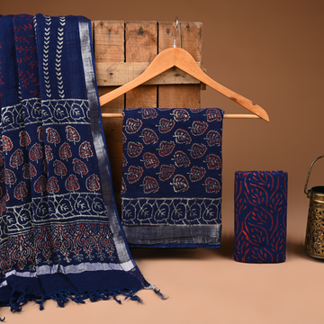BLUE - BAGRU HAND BLOCK PRINTED LINEN COTTON SUIT SET WITH ZARI BORDER 05