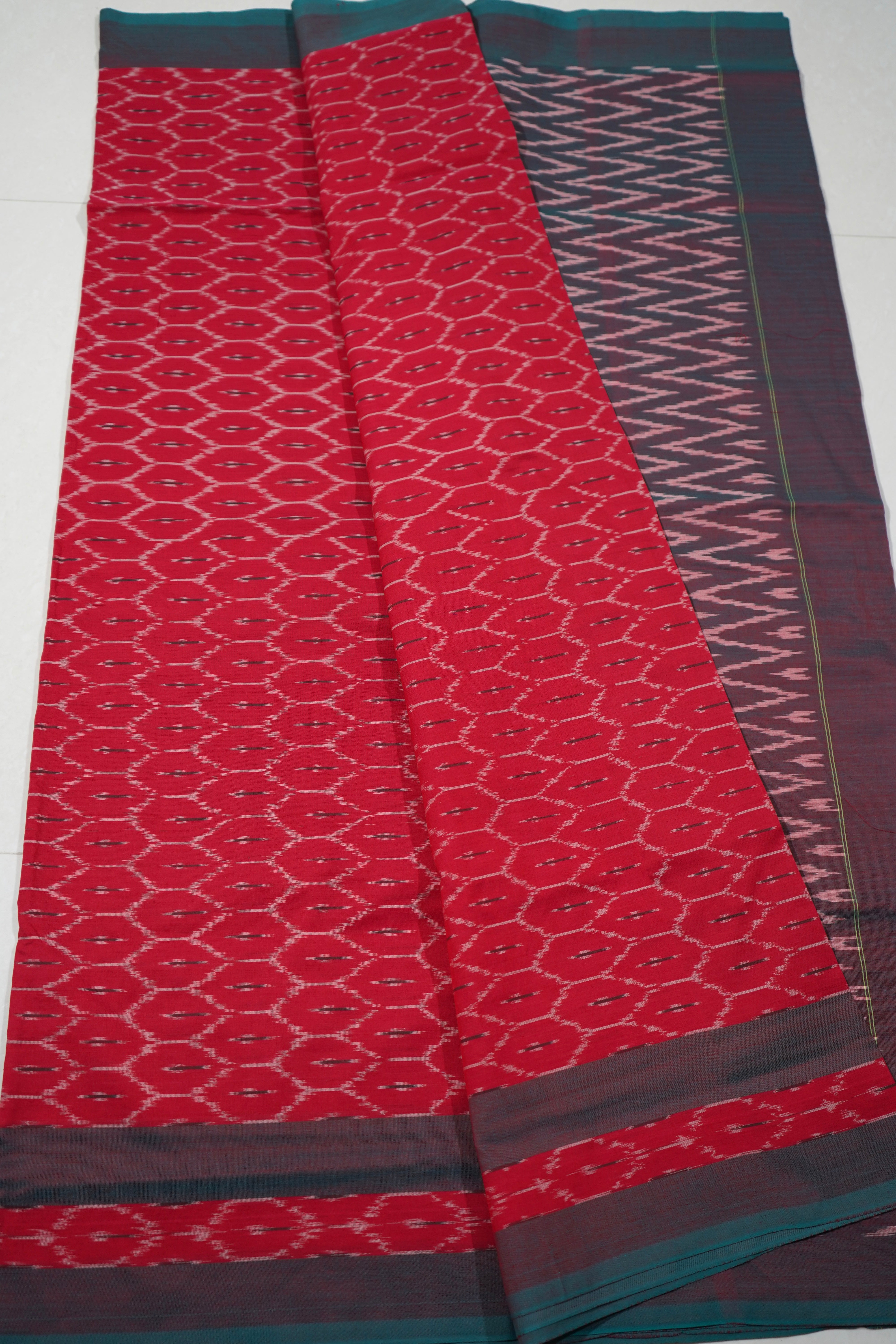 Red - MERCERISED COTTON HANDLOOM POCHAMPALLY IKAT SAREE 10