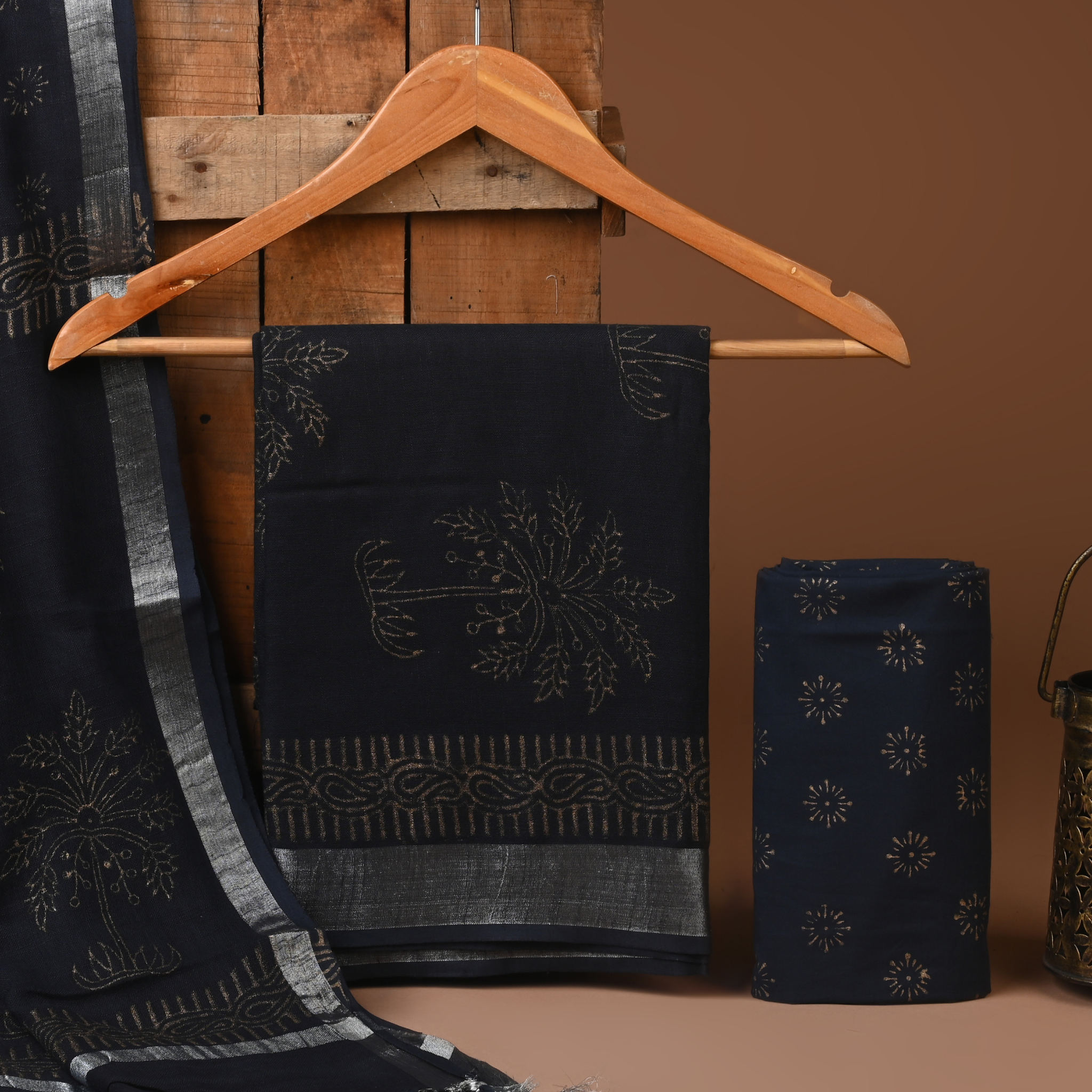 GRAY- BAGRU HAND BLOCK PRINTED LINEN COTTON SUIT SET WITH ZARI BORDER 52