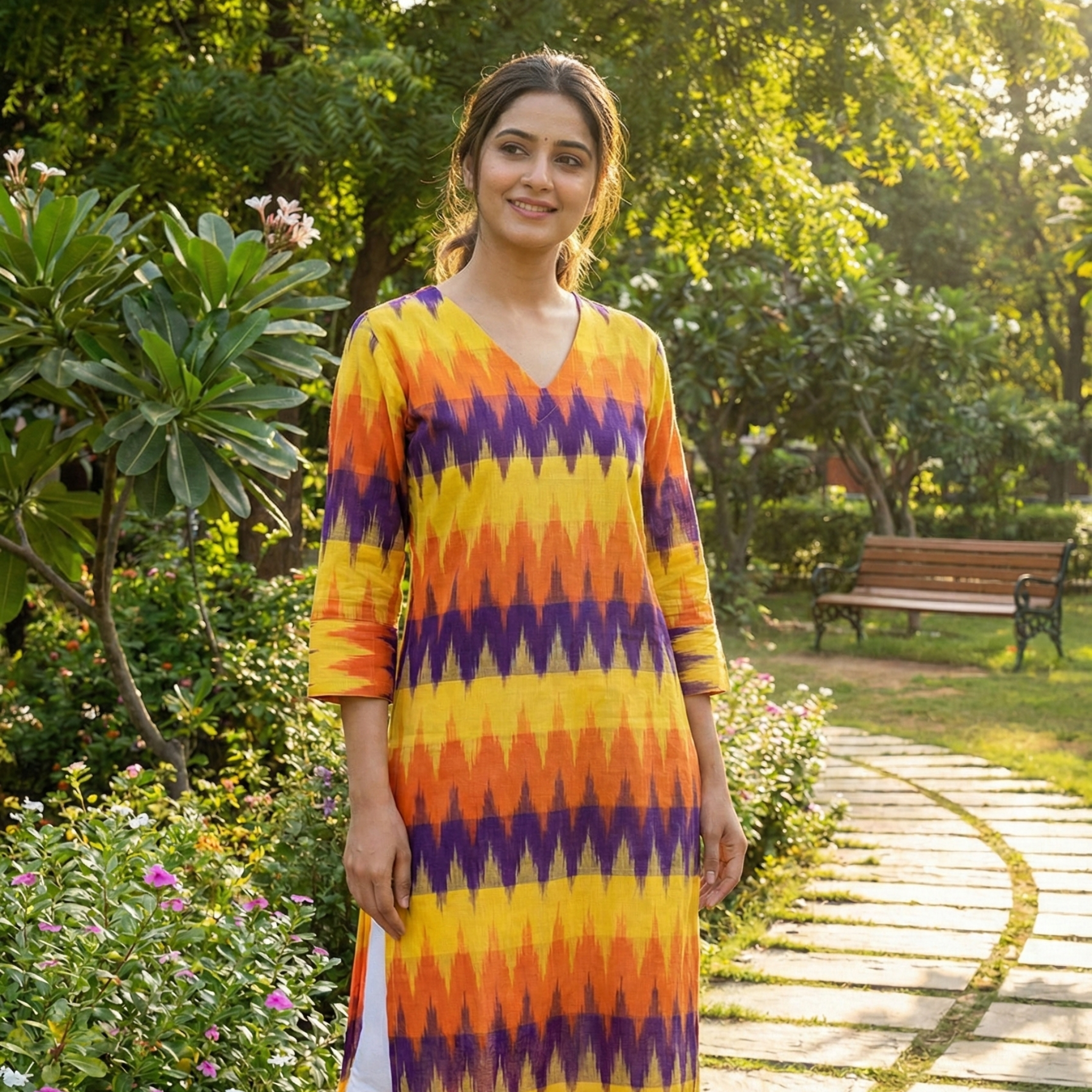 Yellow - IKAT WEAVE COTTON LONG KURTA 17