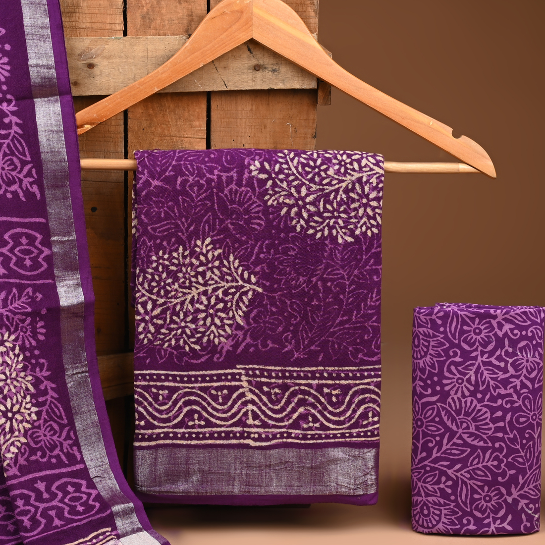 PURPLE- BAGRU HAND BLOCK PRINTED LINEN COTTON SUIT SET WITH ZARI BORDER 18