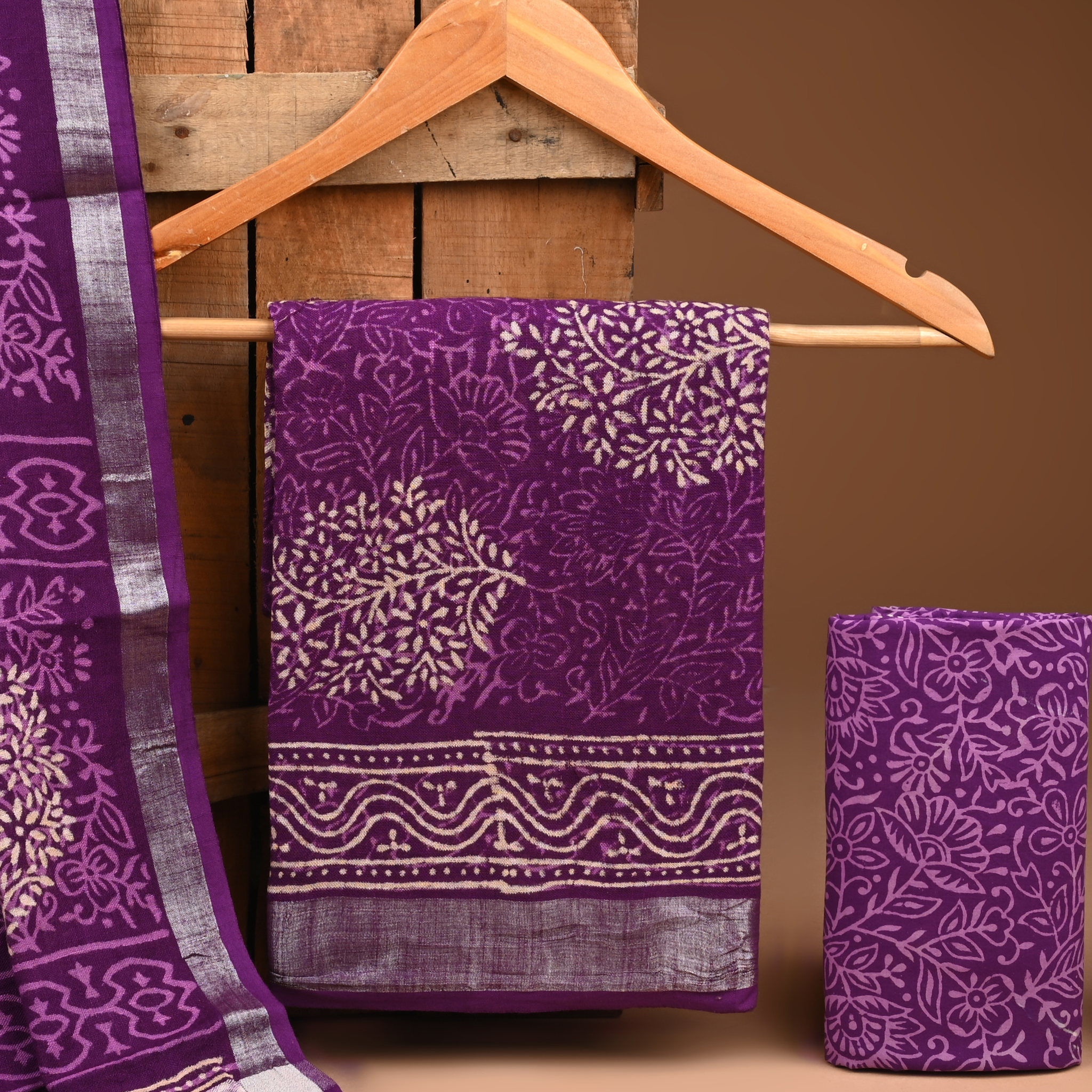 PURPLE- BAGRU HAND BLOCK PRINTED LINEN COTTON SUIT SET WITH ZARI BORDER 18