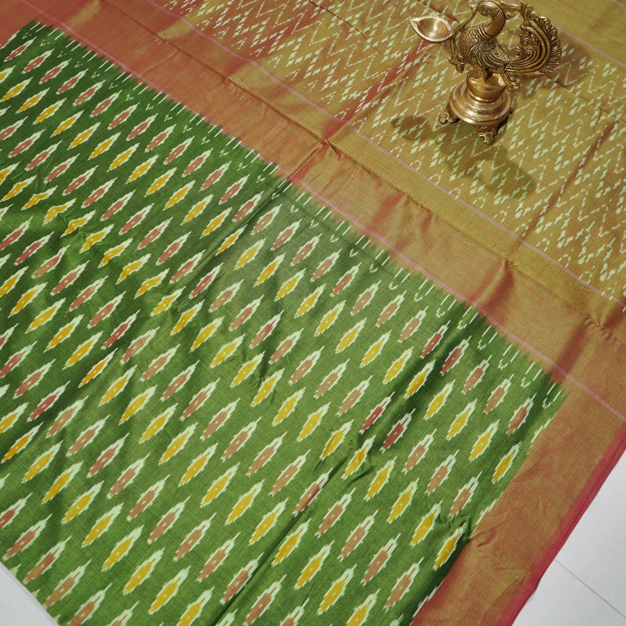 Green - MERCERISED COTTON HANDLOOM POCHAMPALLY IKAT SAREE 03