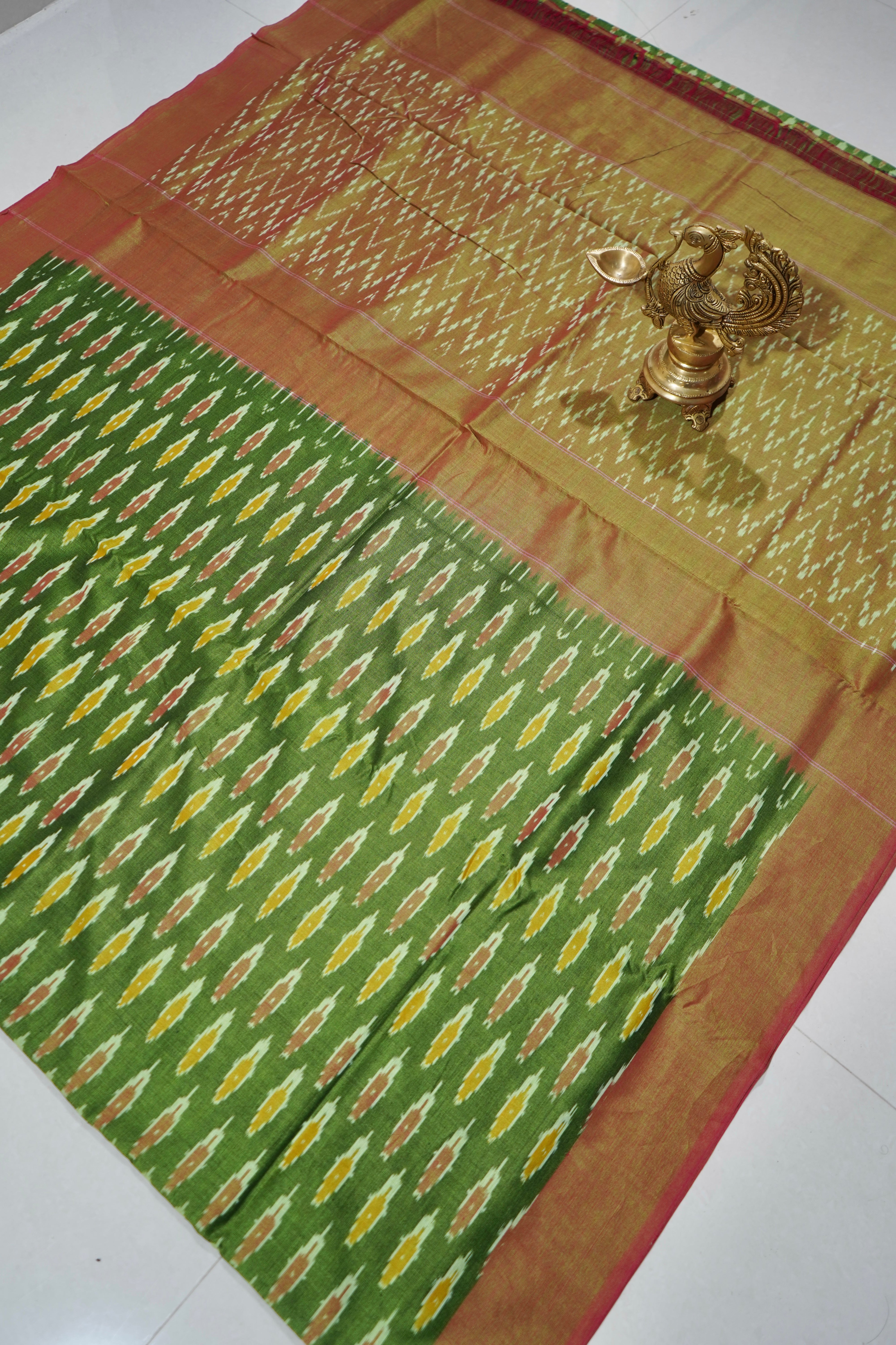 Green - MERCERISED COTTON HANDLOOM POCHAMPALLY IKAT SAREE 03