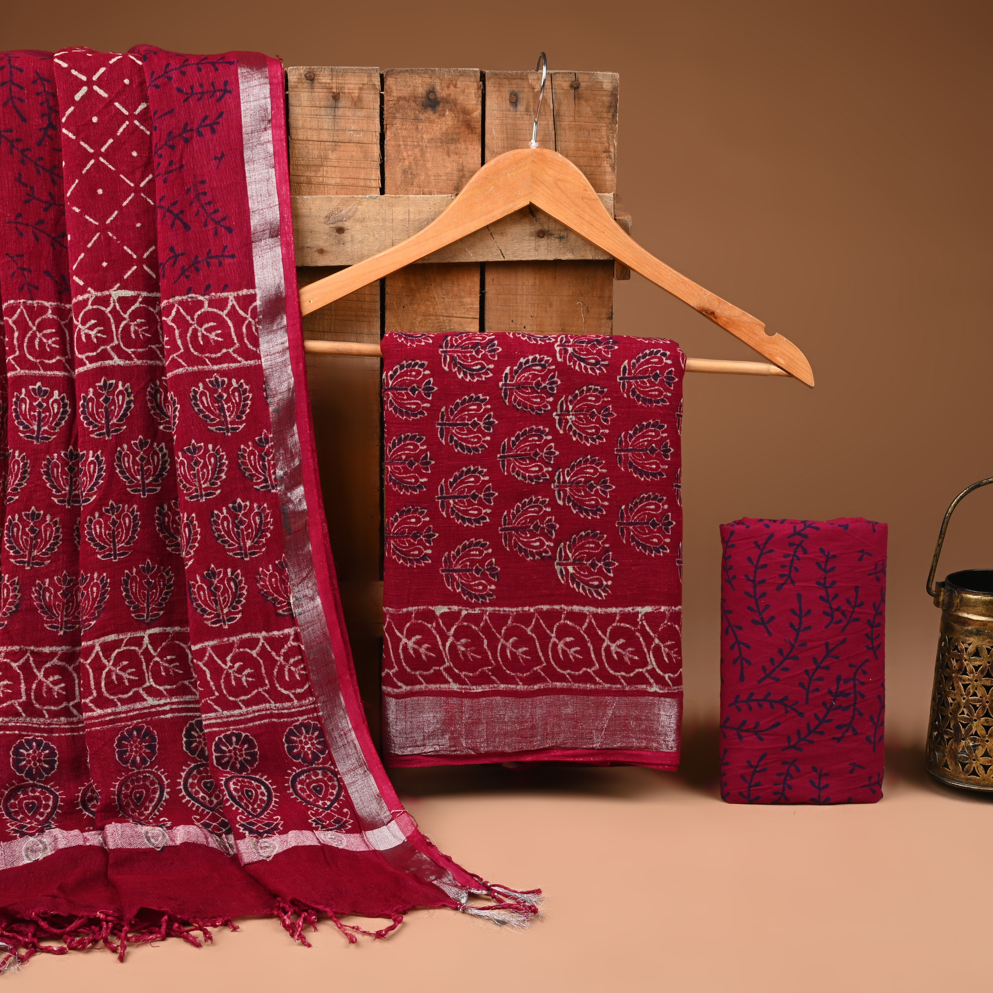 MAROON- BAGRU HAND BLOCK PRINTED LINEN COTTON SUIT SET WITH ZARI BORDER 42